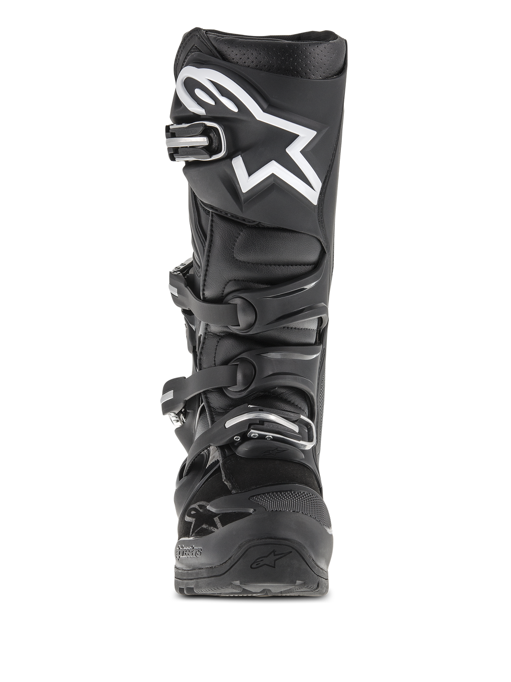 Alpinestars Tech 7 Enduro laarzen, motorcross- en enduro-laarzen, zwart, vooraanzicht met een wit sterlogo op de scheen, sluitsysteem met vier gespen en versterkte beschermende structuur voor off-road gebruik