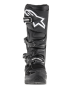 Alpinestars Tech 7 Enduro laarzen, motorcross- en enduro-laarzen, zwart, vooraanzicht met een wit sterlogo op de scheen, sluitsysteem met vier gespen en versterkte beschermende structuur voor off-road gebruik