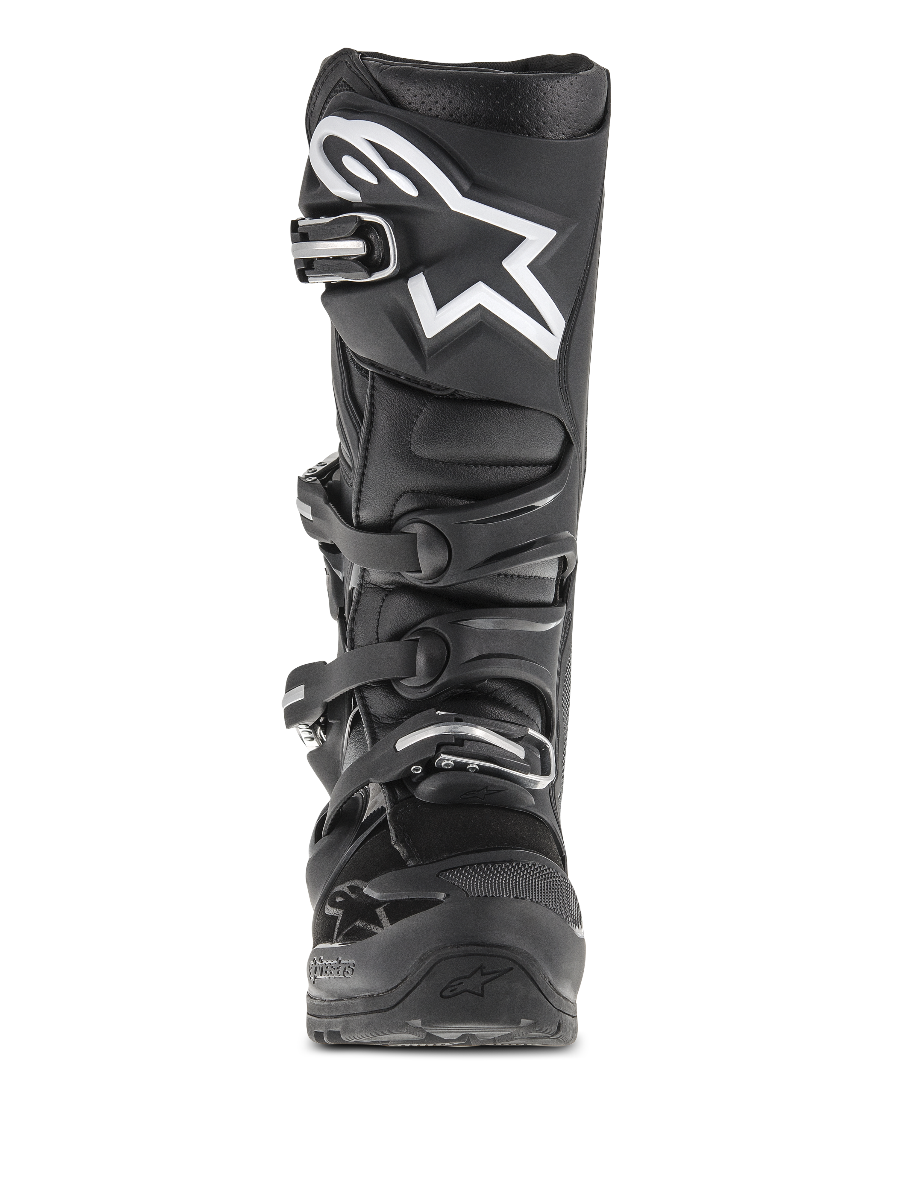 Alpinestars Tech 7 Enduro laarzen, motorcross- en enduro-laarzen, zwart, vooraanzicht met een wit sterlogo op de scheen, sluitsysteem met vier gespen en versterkte beschermende structuur voor off-road gebruik