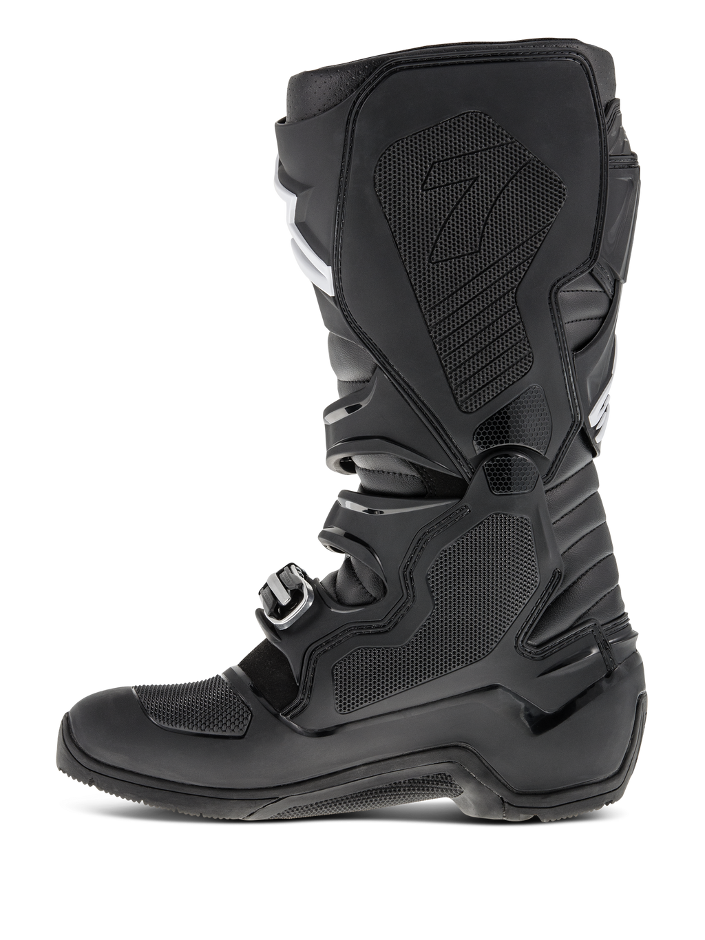 Alpinestars Tech 7 Enduro laarzen, zwart, zijprofiel binnenzijde met honingraat rubberen inzetstuk, beschermende TPU-panelen en gespsluitingssysteem, voor off-road motorcross prestaties