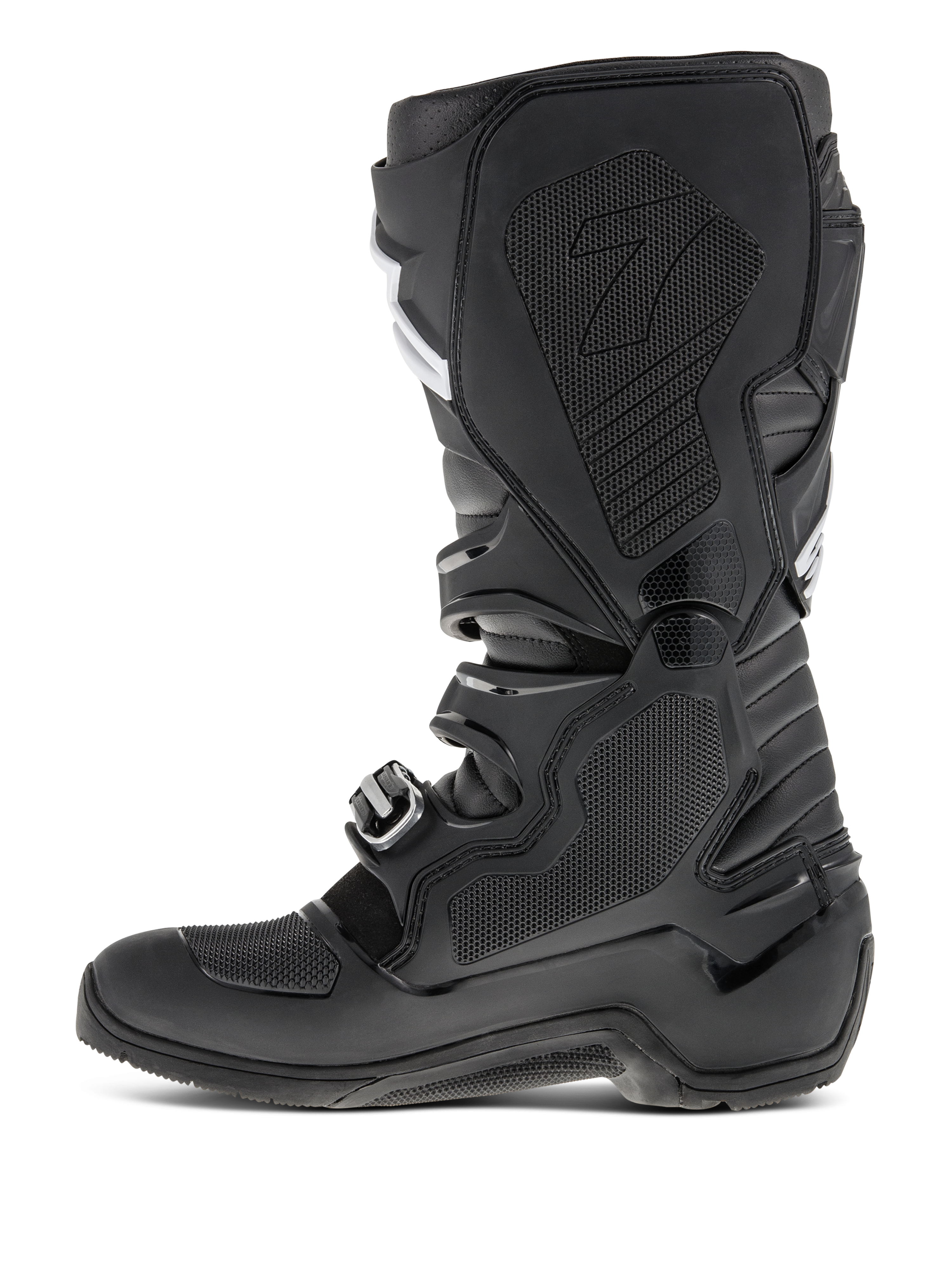 Alpinestars Tech 7 Enduro laarzen, zwart, zijprofiel binnenzijde met honingraat rubberen inzetstuk, beschermende TPU-panelen en gespsluitingssysteem, voor off-road motorcross prestaties