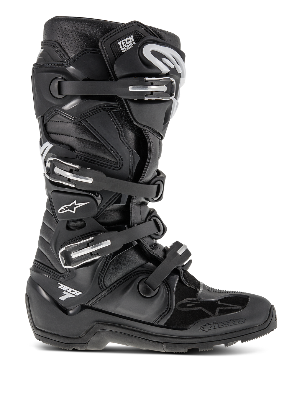 Alpinestars Tech 7 Enduro motorlaarzen, zwarte motorcrosslaarzen, voorzien van vier verstelbare gespen en een versterkt TPU-chassis, robuuste profielzool voor off-road tractie, wit sterlogo en Tech 7-branding, duurzaam hoogwaardig schoeisel voor enduro en terreinrijden