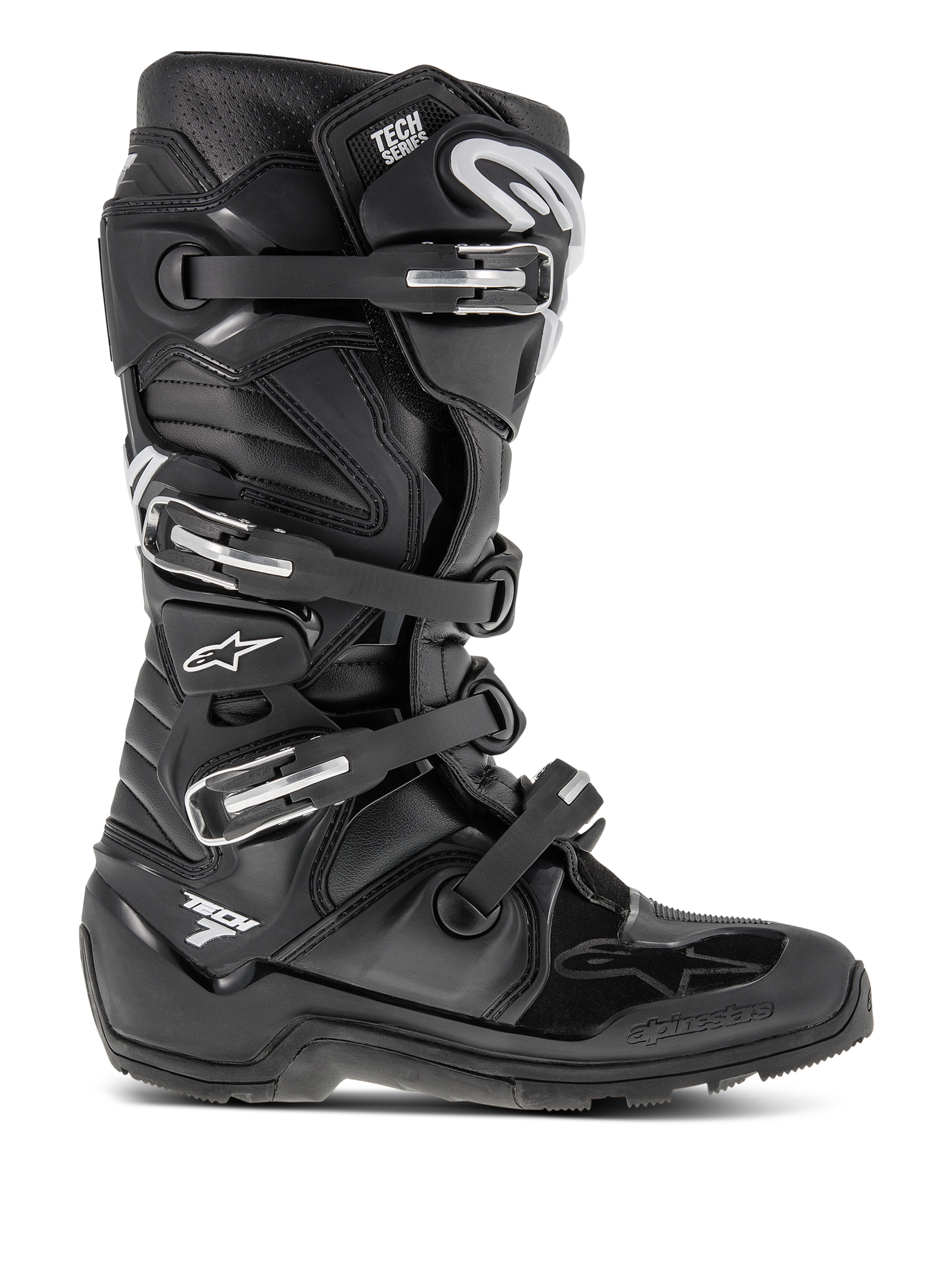 Alpinestars Tech 7 Enduro motorlaarzen, zwarte motorcrosslaarzen, voorzien van vier verstelbare gespen en een versterkt TPU-chassis, robuuste profielzool voor off-road tractie, wit sterlogo en Tech 7-branding, duurzaam hoogwaardig schoeisel voor enduro en terreinrijden