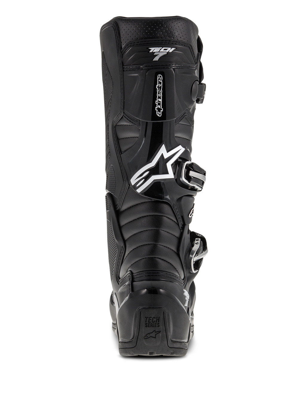 Alpinestars Tech 7 Enduro laarzen, zwart, achteraanzicht met wit Astars-logo en "Tech 7"-branding, beschermende TPU-schaal met gespsysteem, duurzame constructie voor off-road- en motorcrossritten