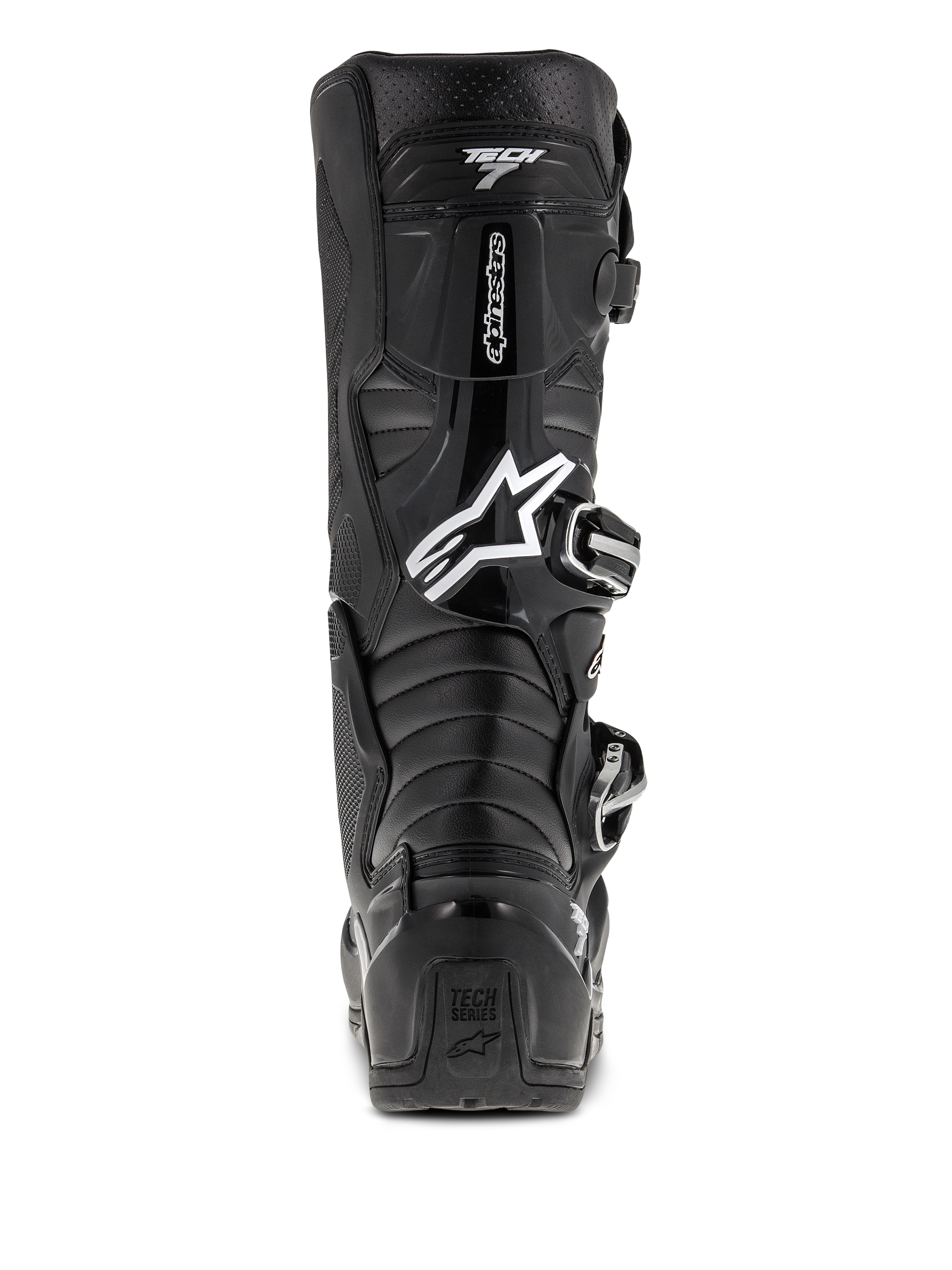 Alpinestars Tech 7 Enduro laarzen, zwart, achteraanzicht met wit Astars-logo en "Tech 7"-branding, beschermende TPU-schaal met gespsysteem, duurzame constructie voor off-road- en motorcrossritten