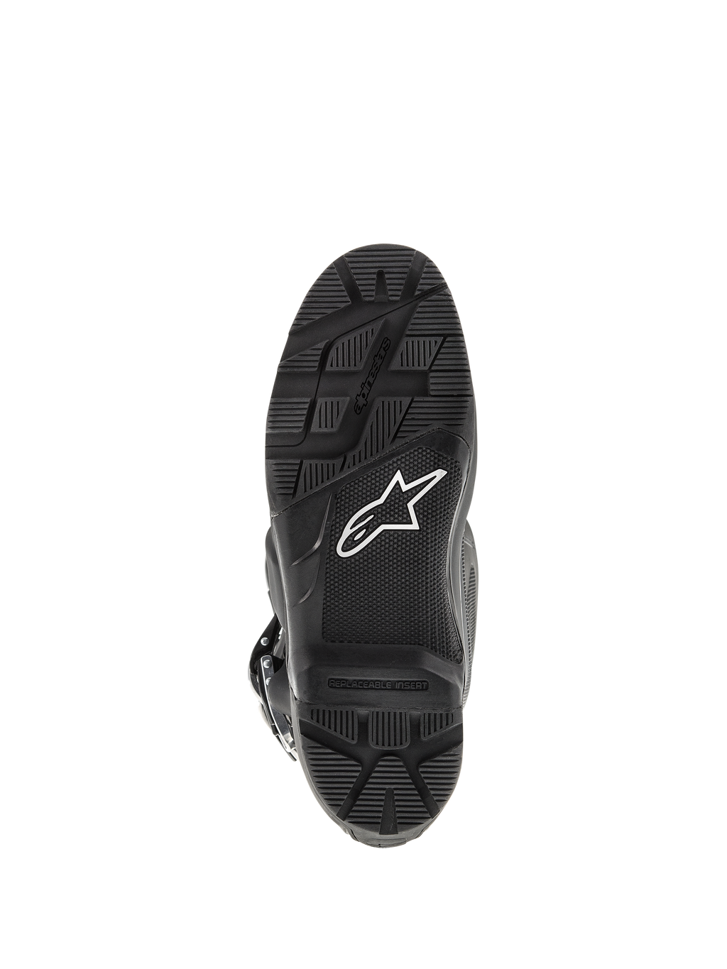 Alpinestars Tech 7 Enduro laarzen, zwart, onderaanzicht van de zool met een robuust profiel voor enduro-rijden, wit sterlogo en vervangbare voetsteun-inzet