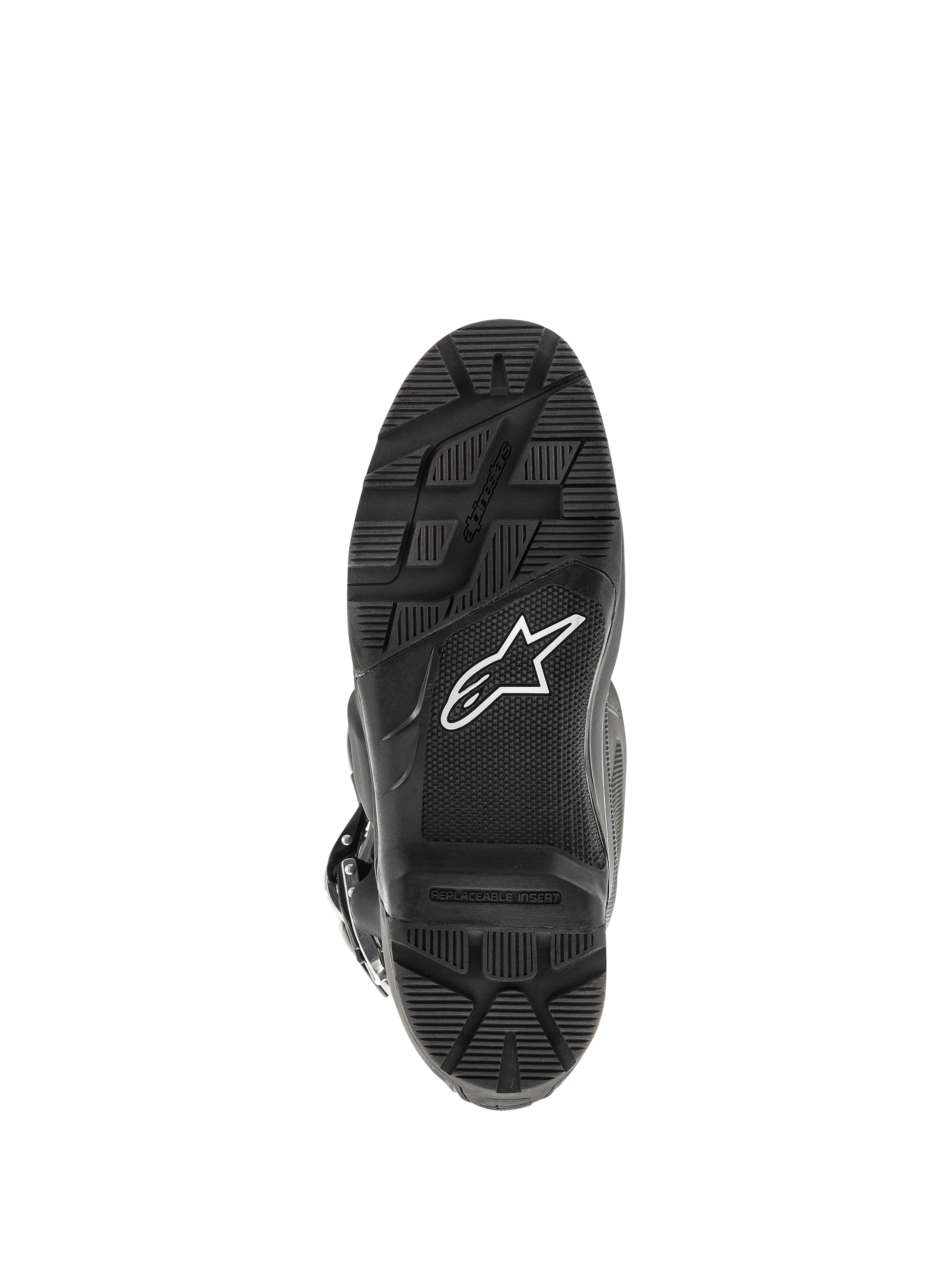 Alpinestars Tech 7 Enduro laarzen, zwart, onderaanzicht van de zool met een robuust profiel voor enduro-rijden, wit sterlogo en vervangbare voetsteun-inzet