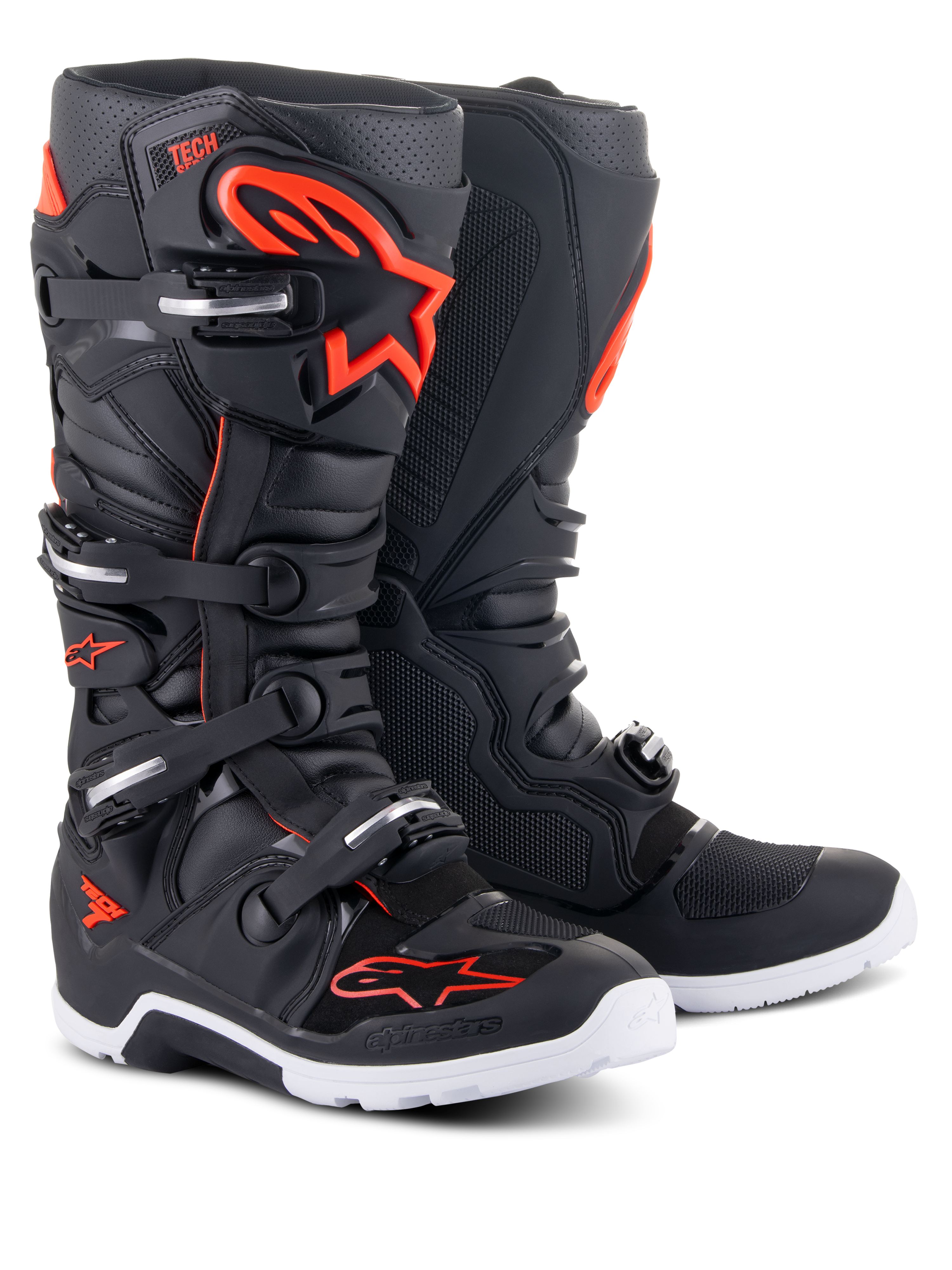 Alpinestars Tech 7 Enduro laarzen, motorcrosslaarzen, zwart en fluorood, voorzien van een witte zool, sluitingssysteem met vier gespen en versterkte beschermende panelen met opvallende rode Alpinestars-branding