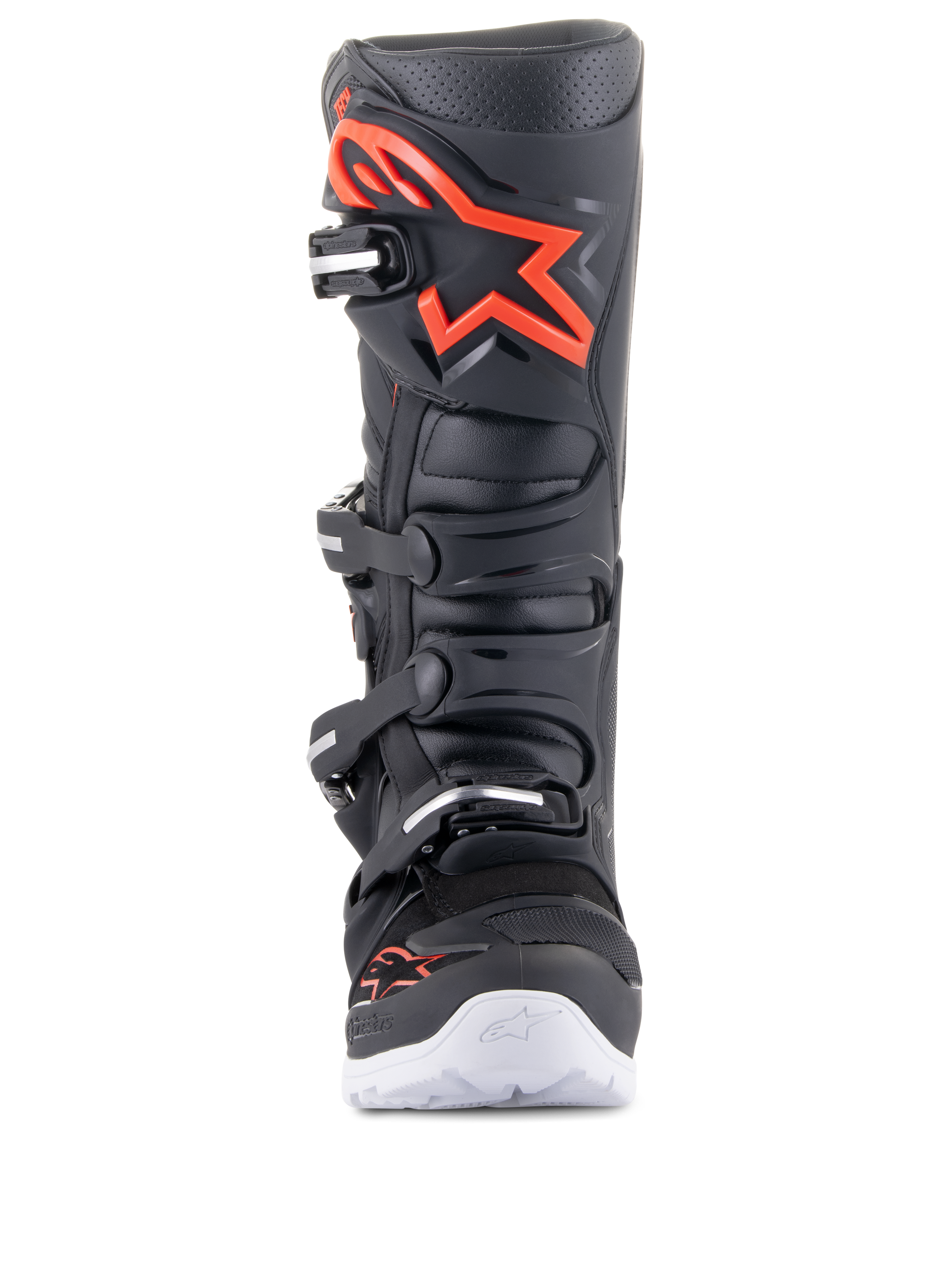 Alpinestars Tech 7 Enduro laarzen, zwart en rood fluo, vooraanzicht, met een groot rood logo op de scheenplaat, sluitsysteem met vier gespen en witte accenten op de buitenzool, professioneel motorcross- en off-road schoeisel