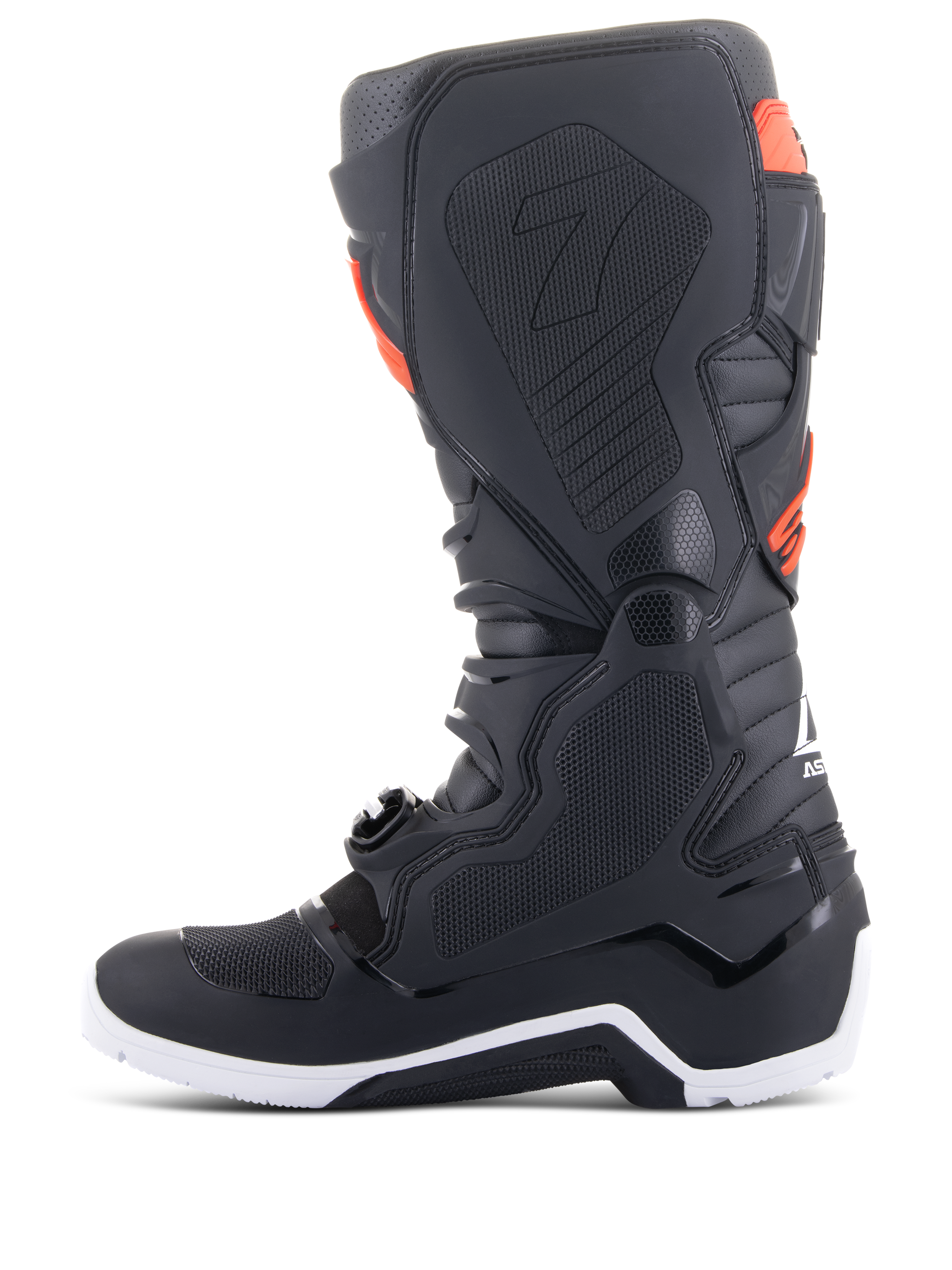 Alpinestars Tech 7 Enduro laarzen, zwart en fluorrood, binnenzijde zijaanzicht met honingraat grippanelen en witte zool, hoogwaardige off-road motorlaarzen