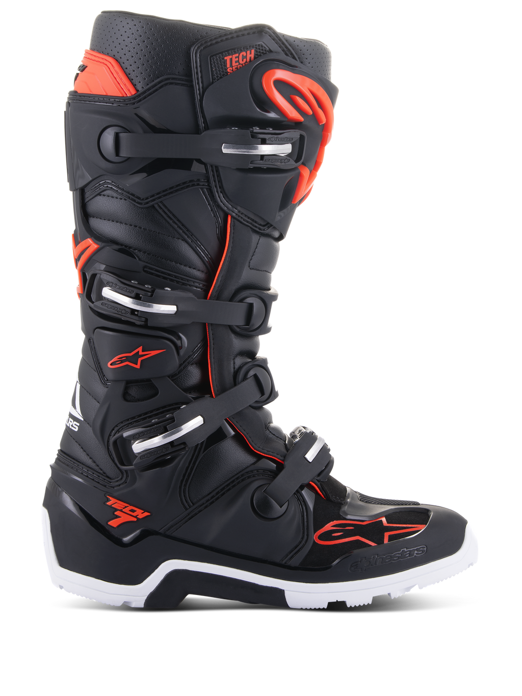 Alpinestars Tech 7 Enduro laarzen, motorcross off-road laarzen, zwart en rood fluo, sluitsysteem met vier gespen met zilveren accenten, witte en zwarte robuuste zool, Alpinestars-logo op de neus en zijkant, professionele bescherming voor enduro- en trailrijden