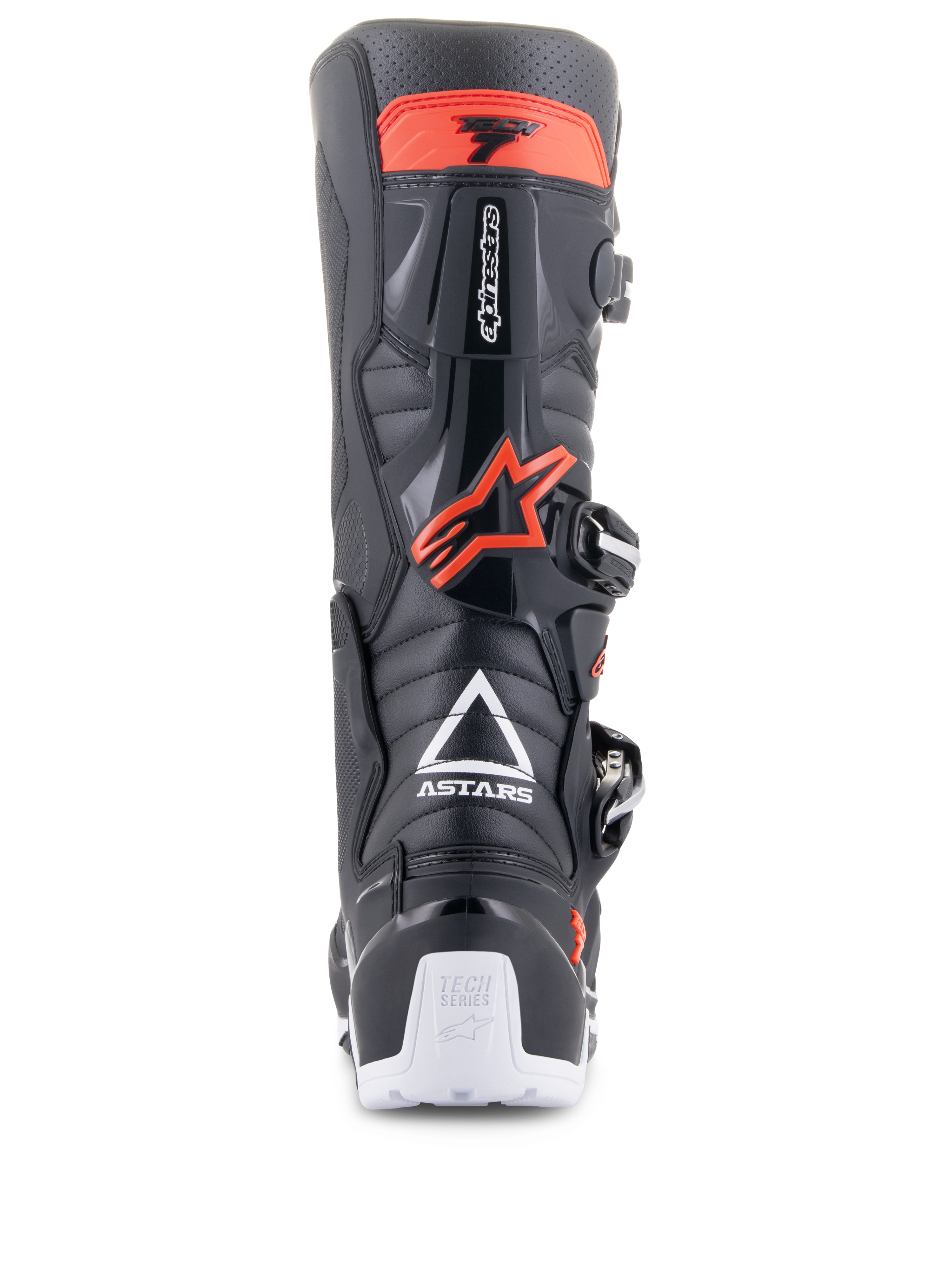 Alpinestars Tech 7 Enduro laarzen, zwart en fluo rood, achteraanzicht met wit ASTARS-logo, rode TPU kuitbescherming en witte hieldetails, duurzame off-road motorlaarzen