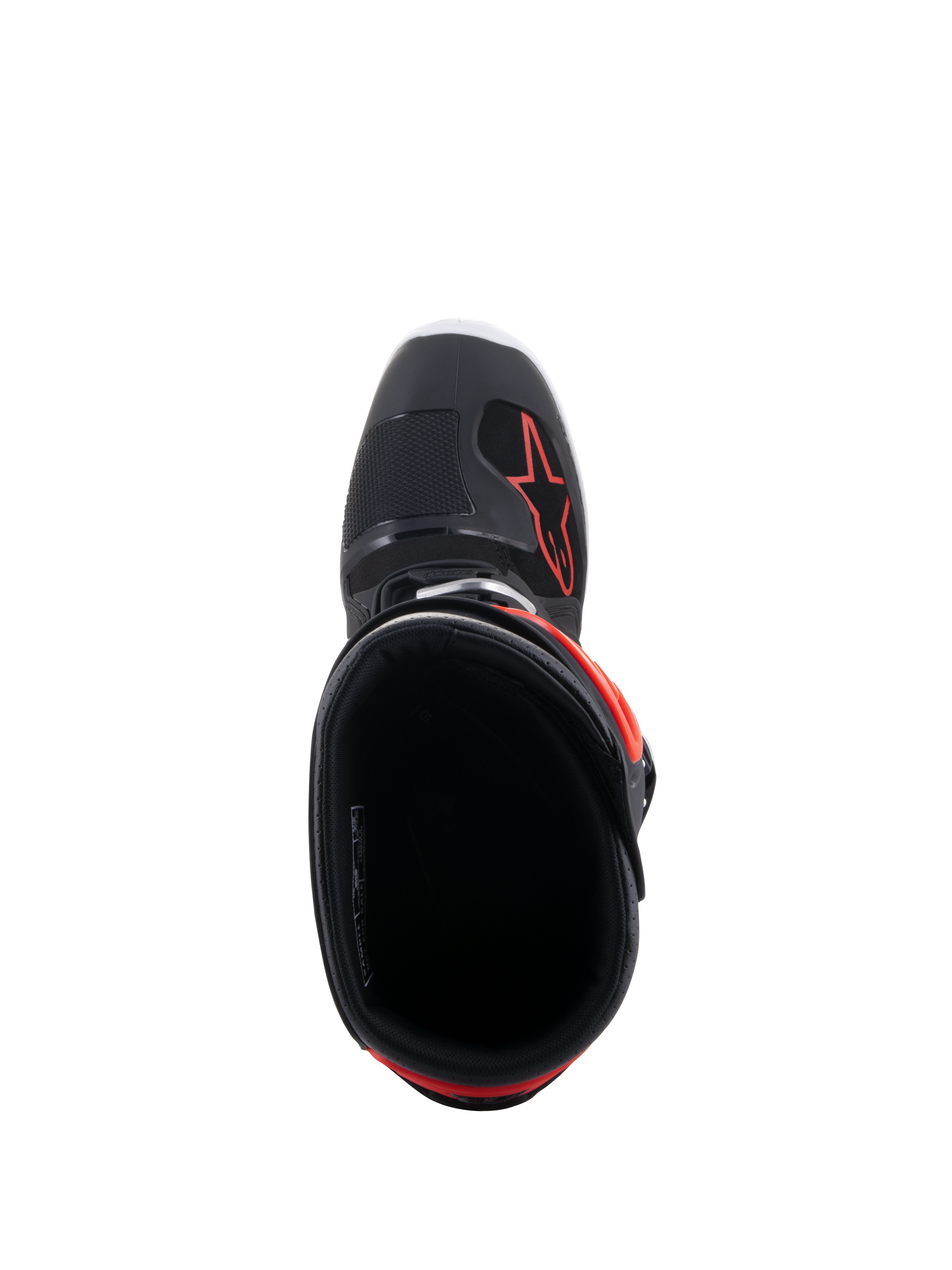 Alpinestars Tech 7 Enduro laarzen, zwart en fluo rood, bovenaanzicht met inkijk in de opening van de laars, voorzien van zwarte binnenvoering en rood ster-logo op de voorvoet