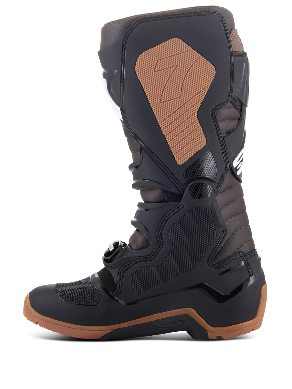 Alpinestars Tech 7 Enduro laarzen, motorcross- en off-roadlaarzen, zwart en donkerbruin, zijprofiel met TPU-scheenplaat, gespsysteem, lichtbruin mediaal grippaneel met logo en robuuste enduro-specifieke zool voor tractie.
