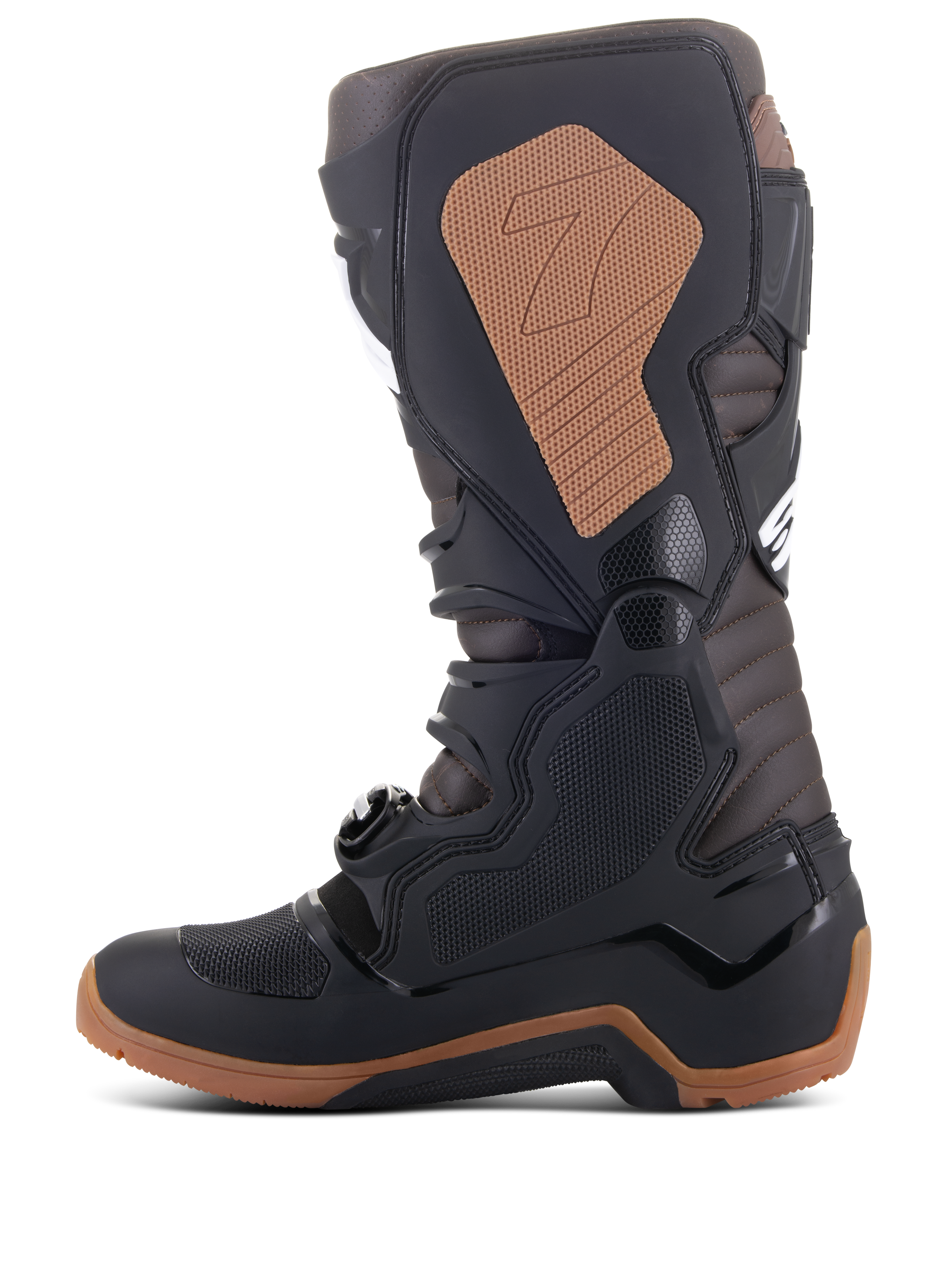 Alpinestars Tech 7 Enduro laarzen, motorcross- en off-roadlaarzen, zwart en donkerbruin, zijprofiel met TPU-scheenplaat, gespsysteem, lichtbruin mediaal grippaneel met logo en robuuste enduro-specifieke zool voor tractie.