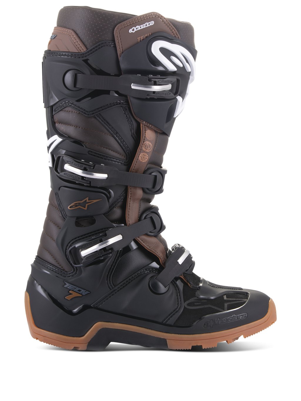 Alpinestars Tech 7 Enduro motorlaarzen, off-road motorlaarzen, zwart en donkerbruin, meerdere verstelbare gespen, robuuste enduro-zool, beschermende constructie voor enduro- en motorcrossrijden