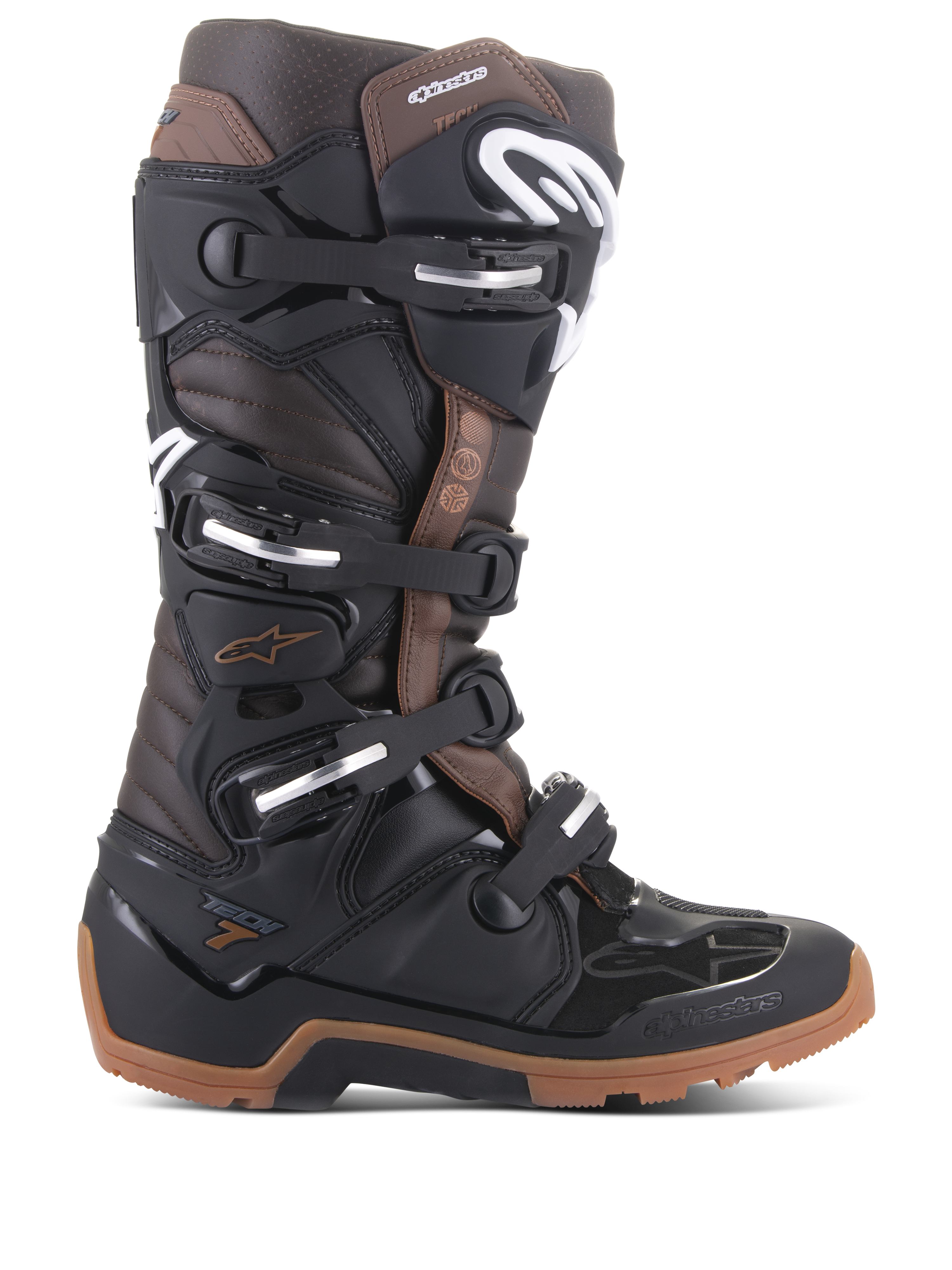 Alpinestars Tech 7 Enduro motorlaarzen, off-road motorlaarzen, zwart en donkerbruin, meerdere verstelbare gespen, robuuste enduro-zool, beschermende constructie voor enduro- en motorcrossrijden