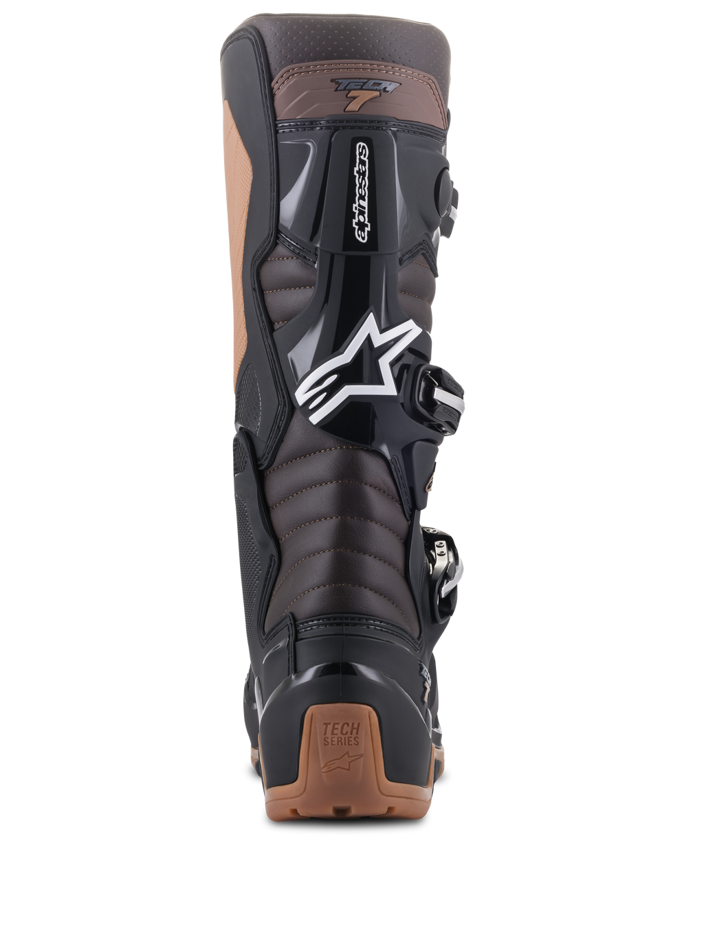 Alpinestars Tech 7 Enduro laarzen, zwart en donkerbruin, achteraanzicht met Achilles accordeon-flexzones en TPU-bescherming, voorzien van wit Alpinestars sterlogo en tan hielaccenten, robuust ontwerp voor Enduro en off-road rijden.