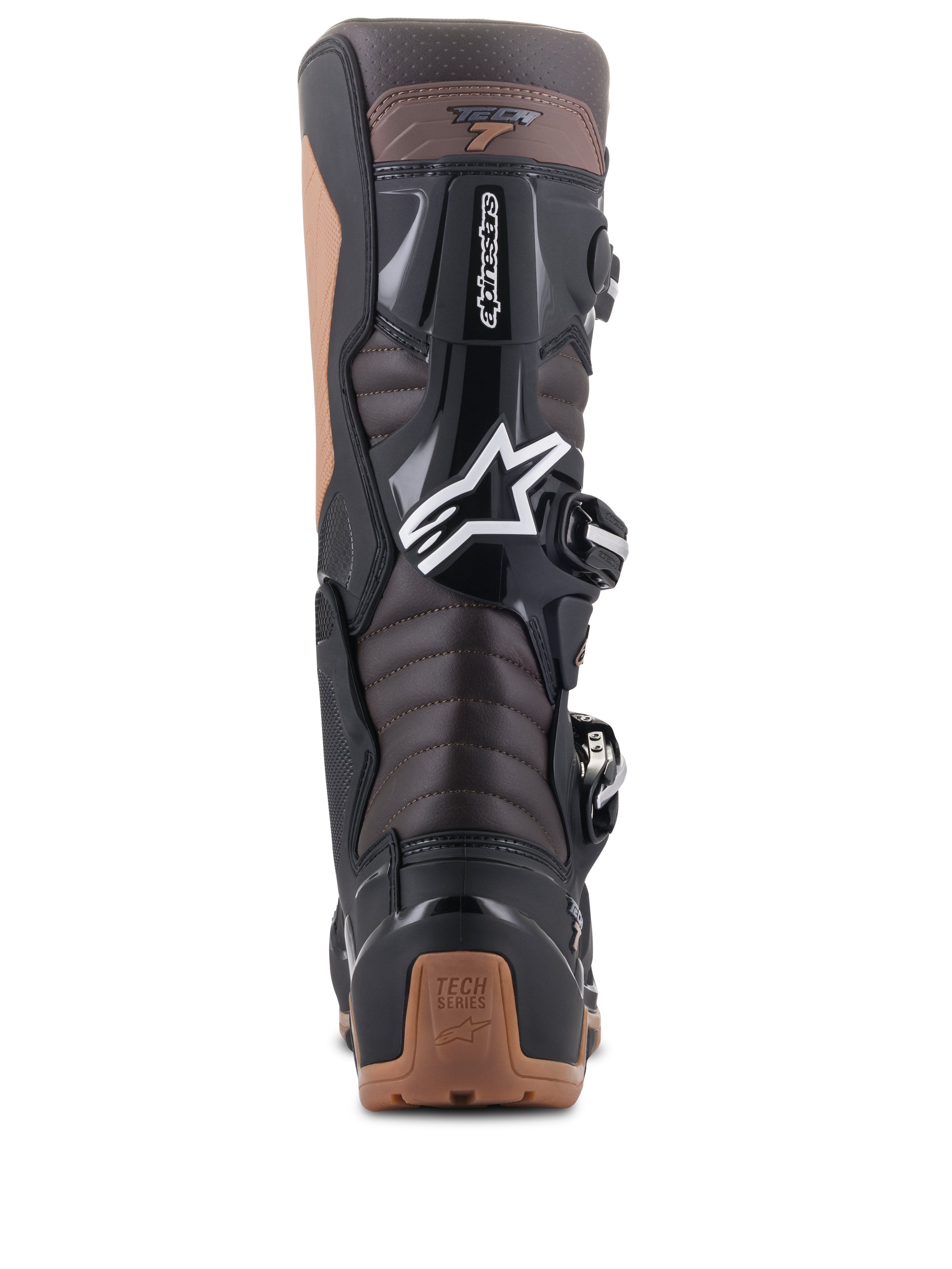 Alpinestars Tech 7 Enduro laarzen, zwart en donkerbruin, achteraanzicht met Achilles accordeon-flexzones en TPU-bescherming, voorzien van wit Alpinestars sterlogo en tan hielaccenten, robuust ontwerp voor Enduro en off-road rijden.
