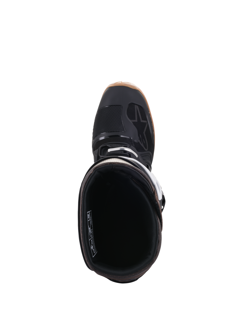 Alpinestars Tech 7 Enduro laarzen, zwart en donkerbruin, bovenaanzicht met de laarsopening en binnenvoering, voorzien van witte gespdetails en Alpinestars-logo, professionele off-road motorlaarzen
