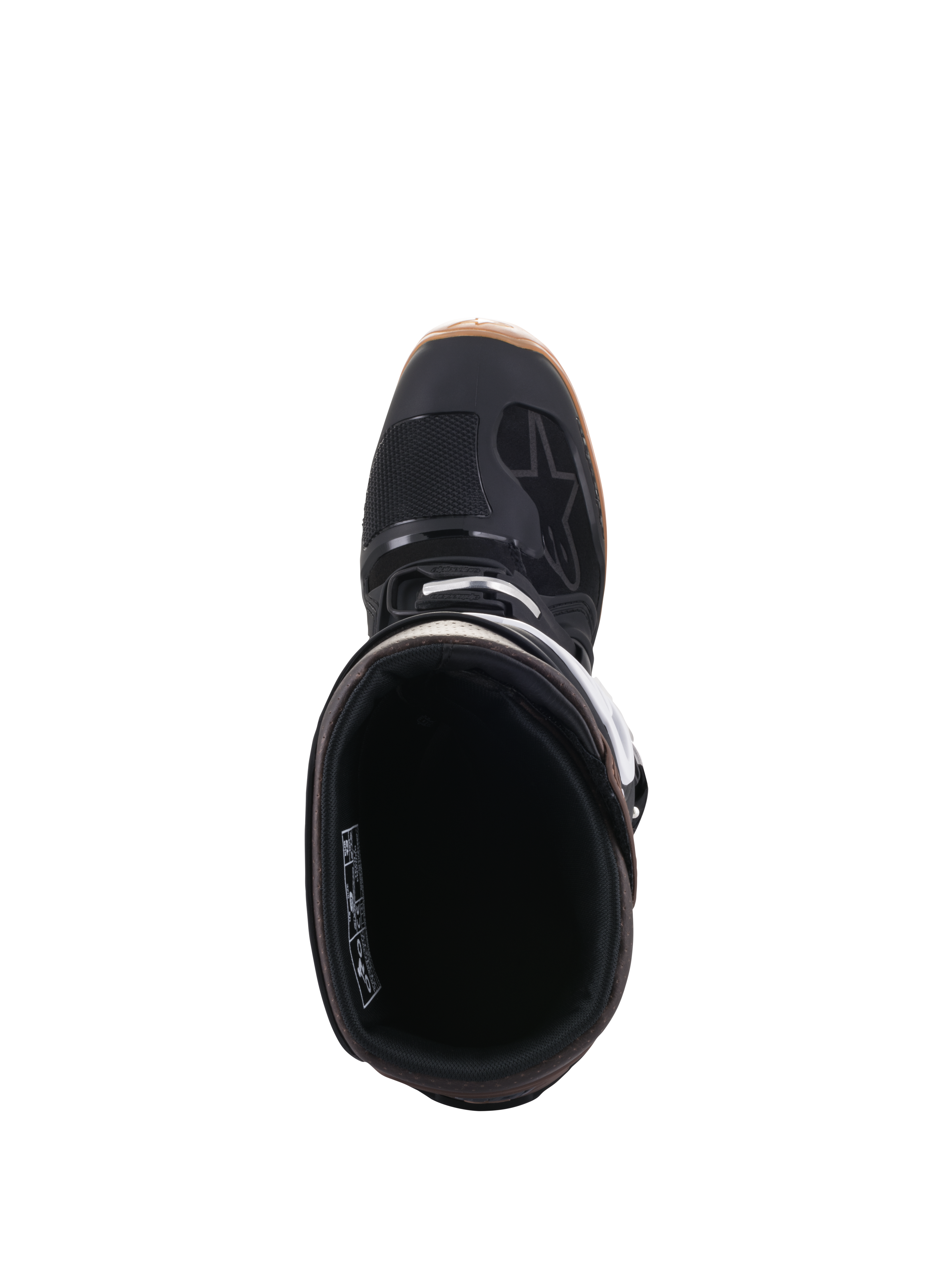 Alpinestars Tech 7 Enduro laarzen, zwart en donkerbruin, bovenaanzicht met de laarsopening en binnenvoering, voorzien van witte gespdetails en Alpinestars-logo, professionele off-road motorlaarzen
