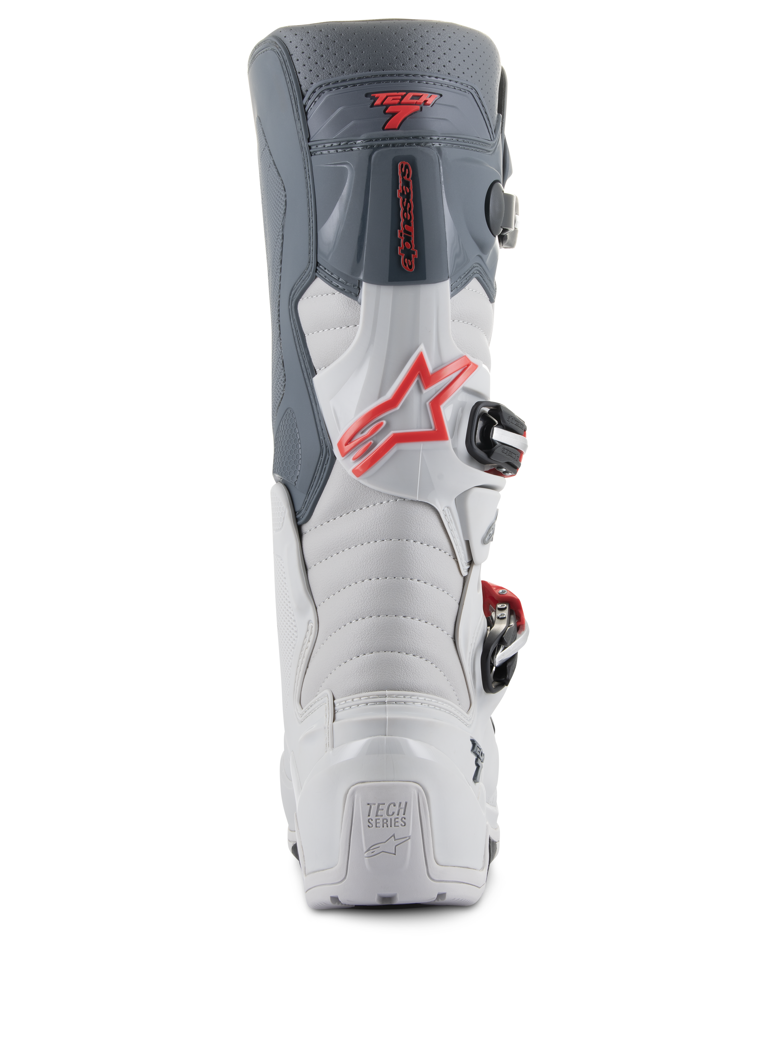 Alpinestars Tech 7 Enduro laarzen, achteraanzicht, lichtgrijs en donkergrijs met felrode accenten, voorzien van een verstevigde hiel met 'TECH SERIES' branding, een rood sterlogo en een duurzaam gespsluitingssysteem.