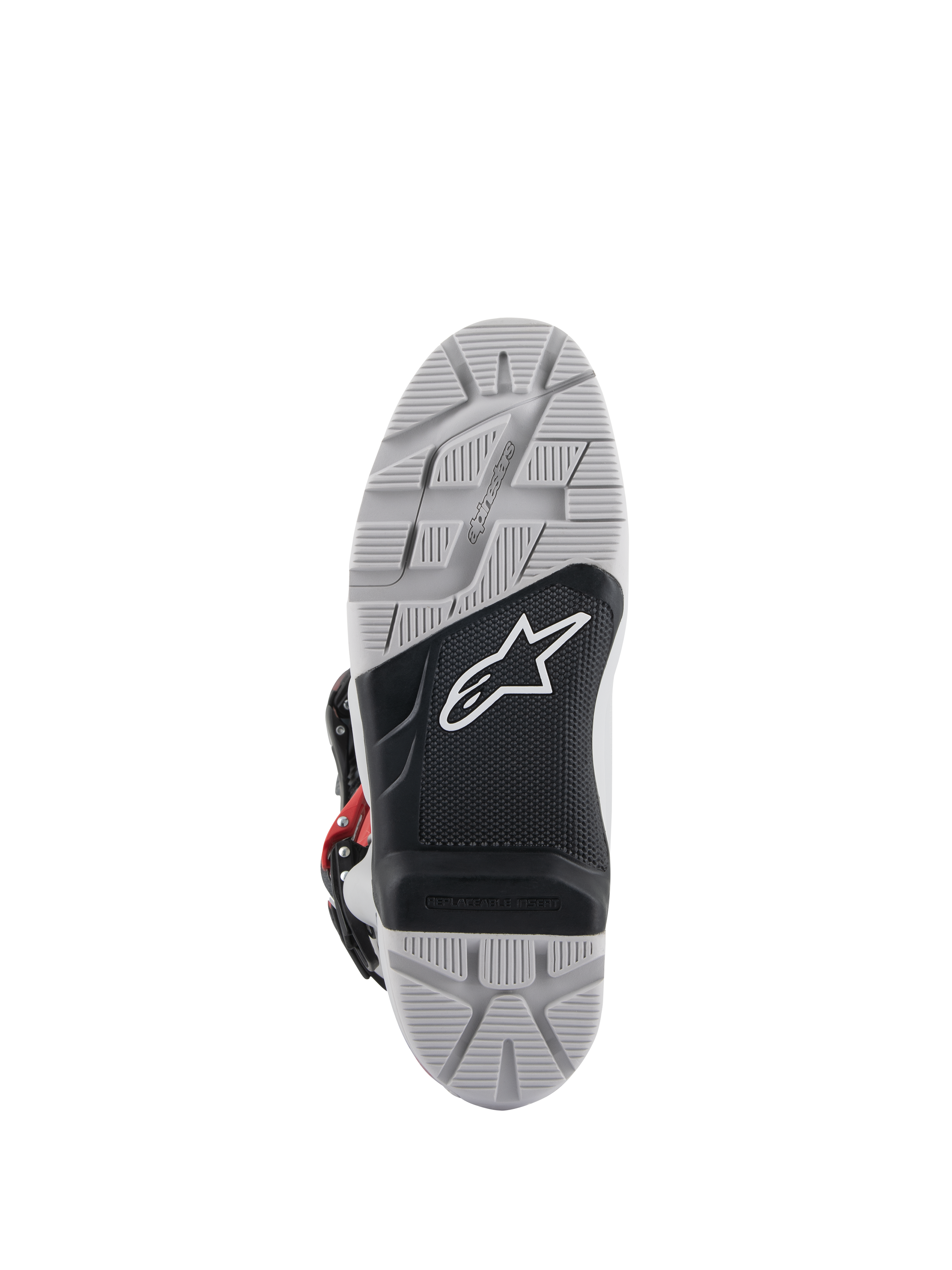 Alpinestars Tech 7 Enduro laarzen, aanzicht buitenzool, grijze en zwarte dual-compound zool met wit sterlogo, diep geprofileerd loopvlak voor maximale off-road grip, vervangbaar voetsteuninzetstuk voor duurzaamheid bij enduro- en off-road-rijden