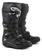 Alpinestars Tech 7 Enduro Drystar® laarzen, professionele motorcross- en enduro-laarzen, zwart en grijs met witte logo's en zilveren gespen, robuust waterdicht ontwerp met stevige zolen voor off-road prestaties
