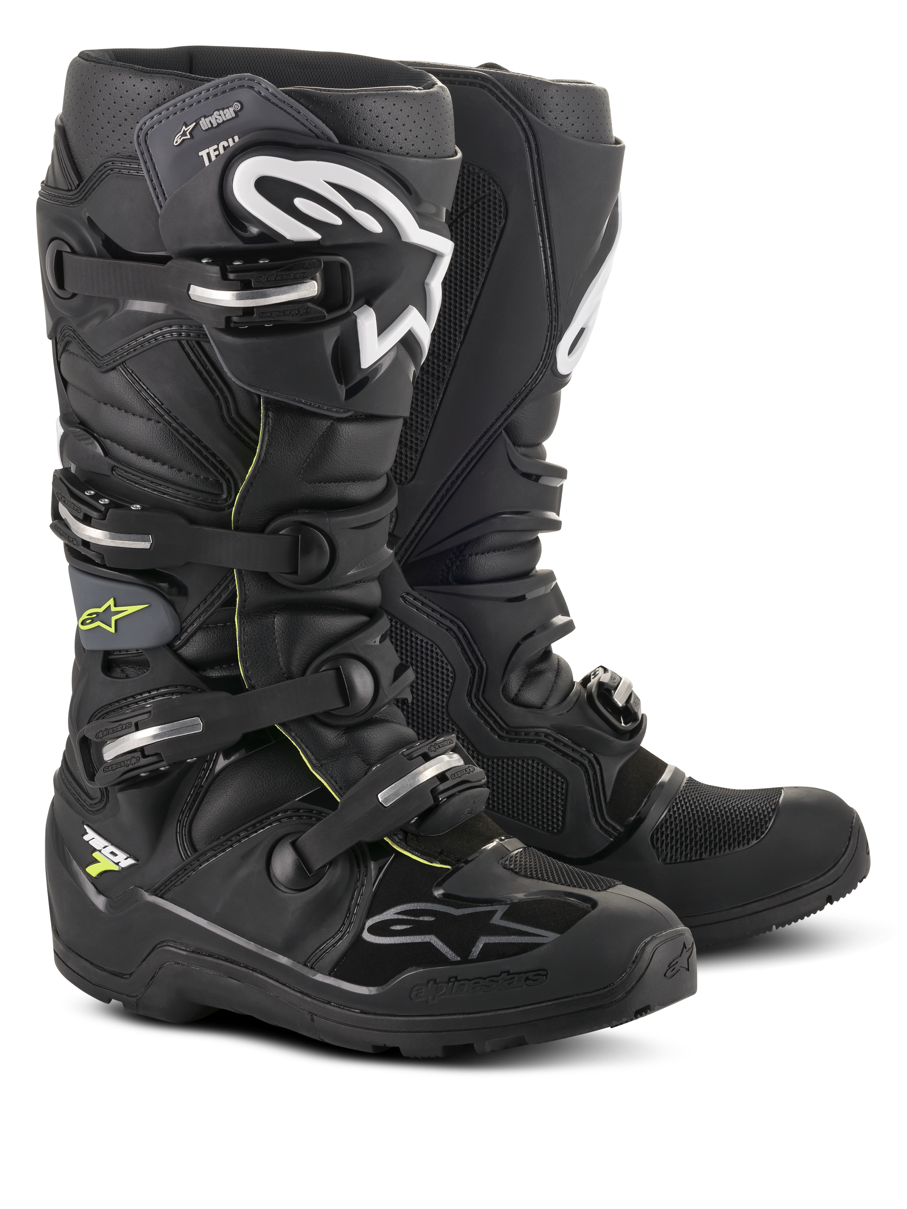 Alpinestars Tech 7 Enduro Drystar® laarzen, professionele motorcross- en enduro-laarzen, zwart en grijs met witte logo's en zilveren gespen, robuust waterdicht ontwerp met stevige zolen voor off-road prestaties
