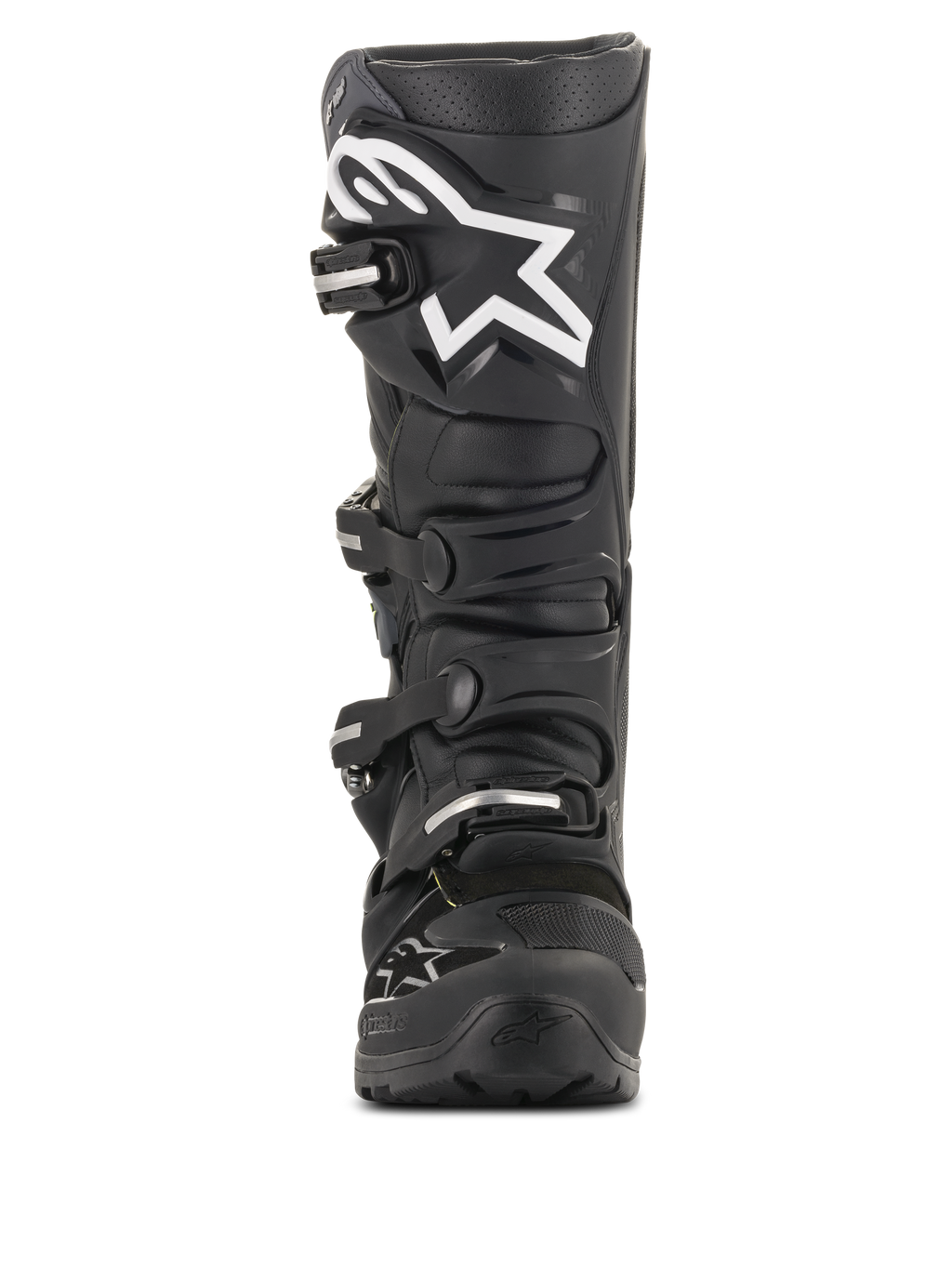 Alpinestars Tech 7 Enduro Drystar® laarzen, zwarte motorcrosslaarzen, vooraanzicht met een groot wit sterlogo op het scheenbeen, sluitingssysteem met vier gespen, duurzame TPU-constructie voor enduro en off-road ritten