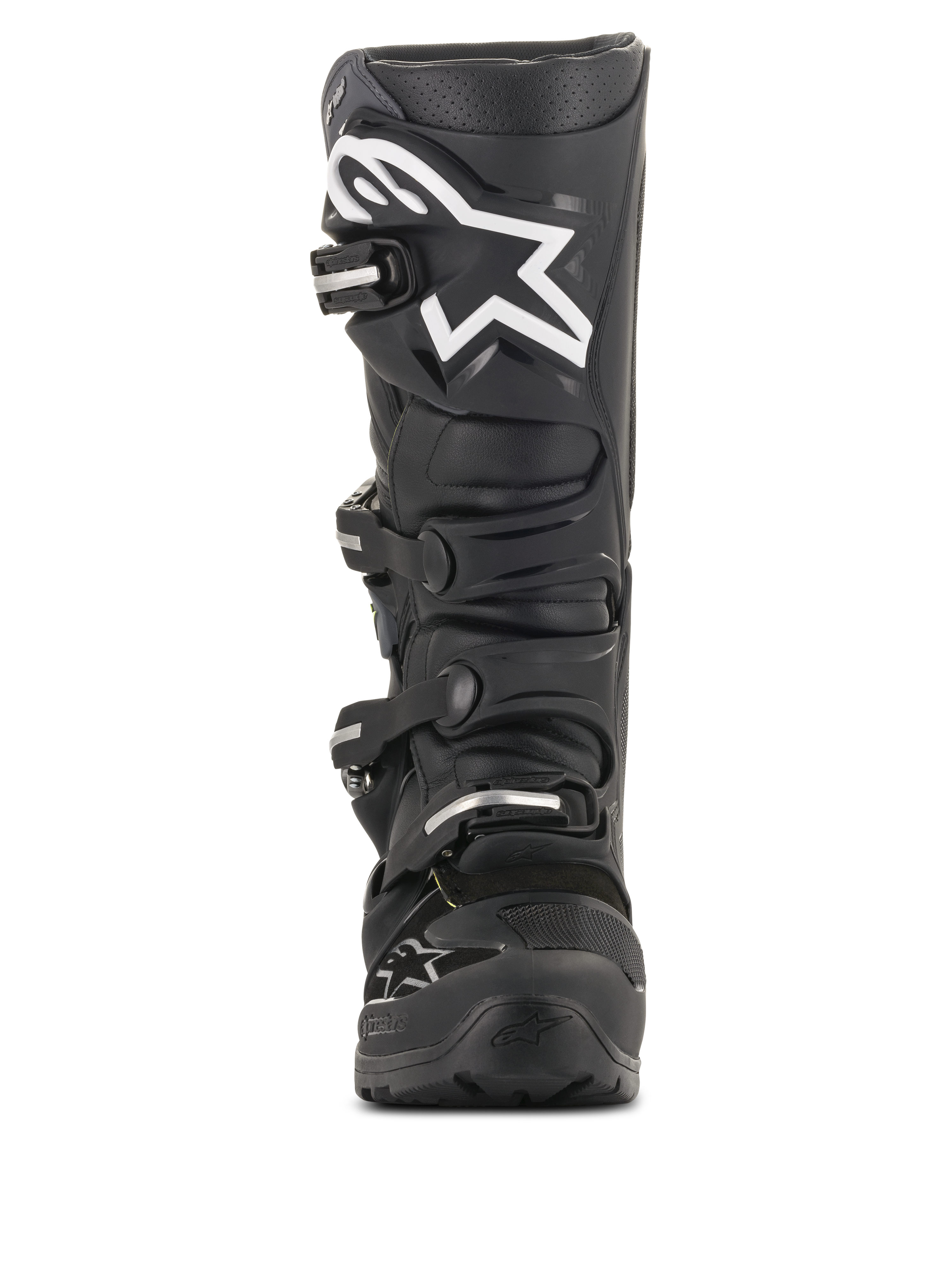 Alpinestars Tech 7 Enduro Drystar® laarzen, zwarte motorcrosslaarzen, vooraanzicht met een groot wit sterlogo op het scheenbeen, sluitingssysteem met vier gespen, duurzame TPU-constructie voor enduro en off-road ritten