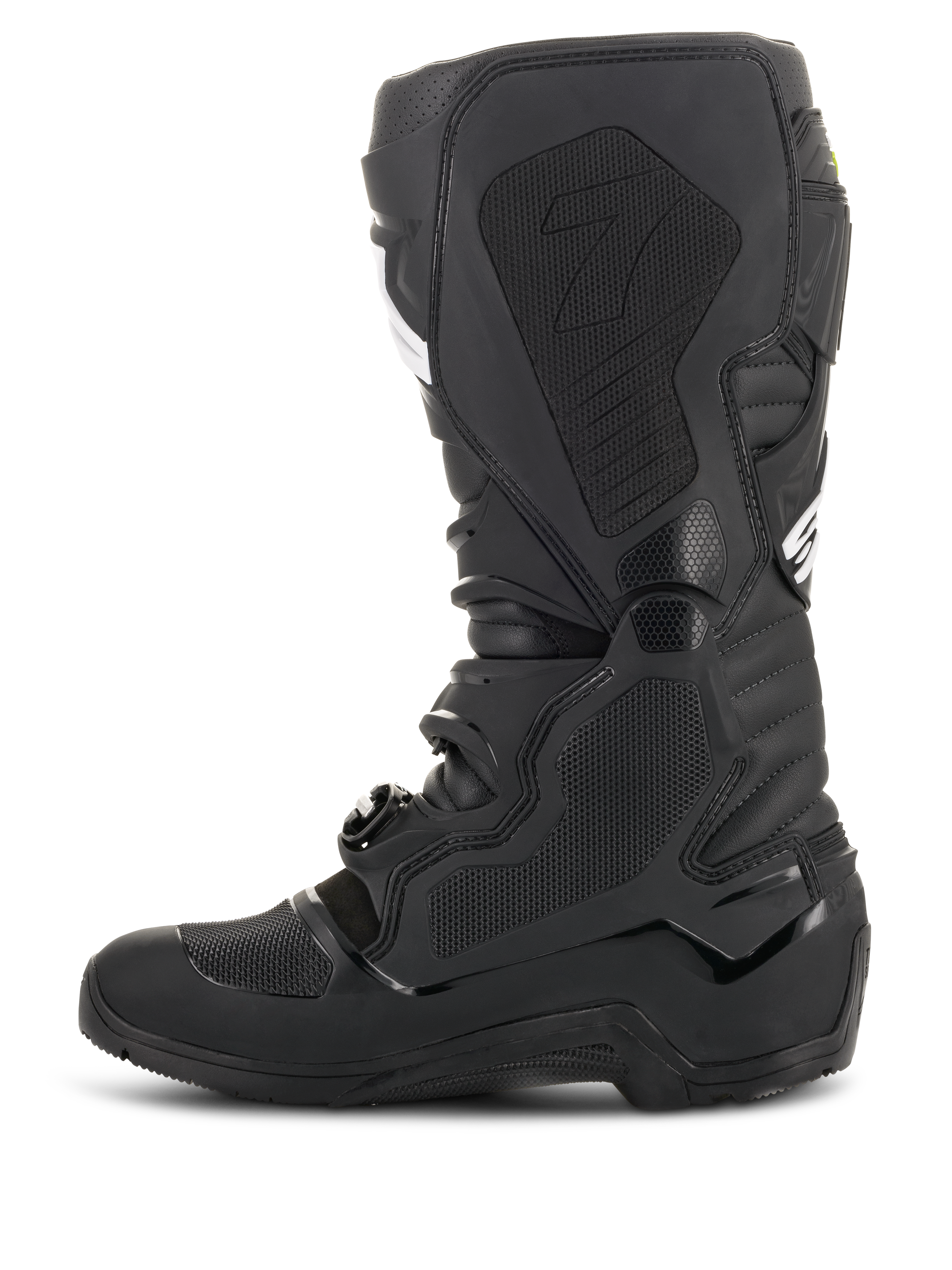 Alpinestars Tech 7 Enduro Drystar® laarzen, zwart, zijaanzicht van de binnenzijde met honingraatstructuur grippanelen en het '7'-logo, waterdichte off-road motorlaarzen voor enduro-racen.