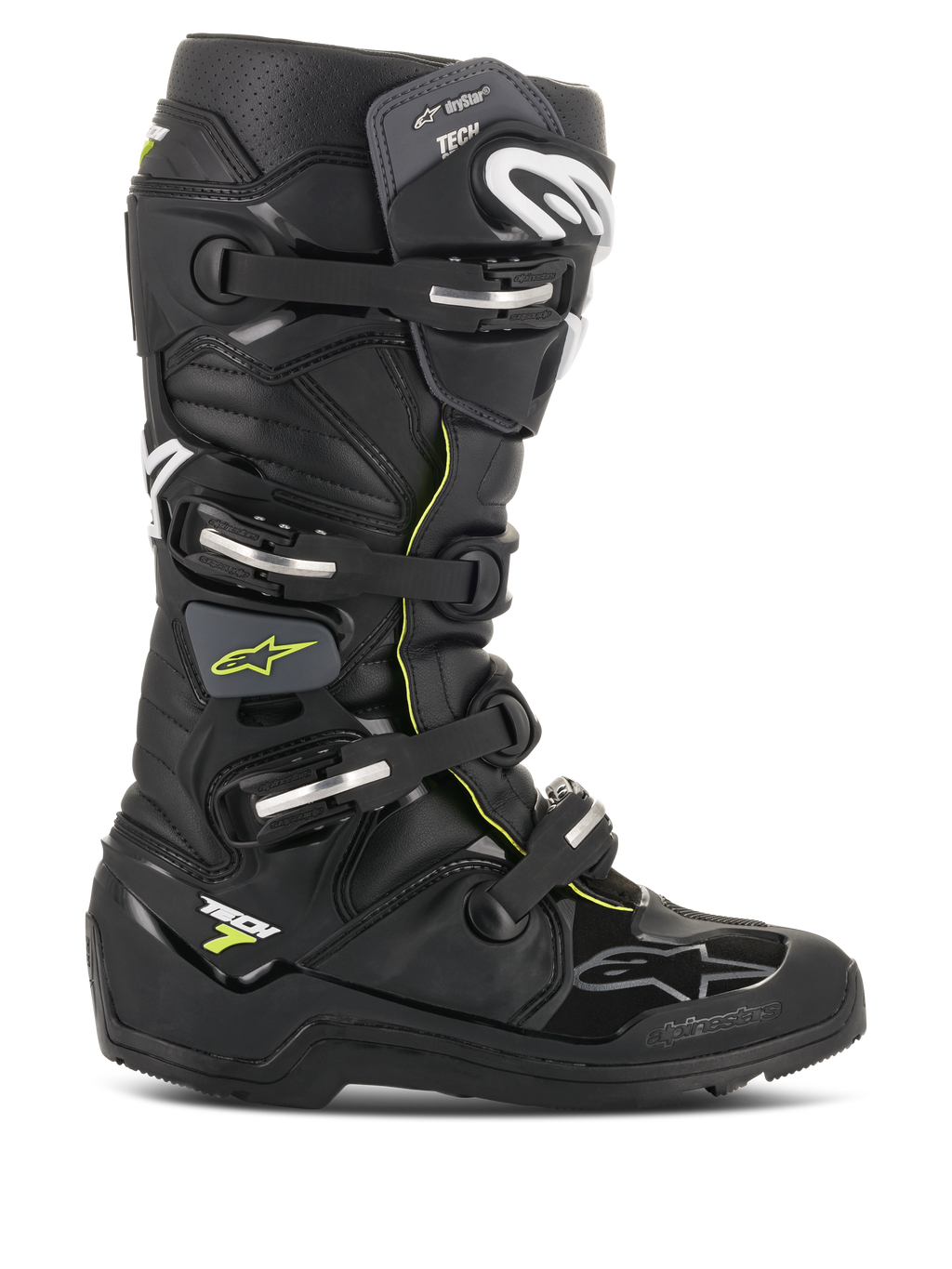 Alpinestars Tech 7 Enduro Drystar laarzen, zwart met fluorescerend gele accenten, waterdichte off-road motorlaarzen met vier zilveren gespen, robuuste zool met veel grip en beschermende TPU-constructie voor enduro