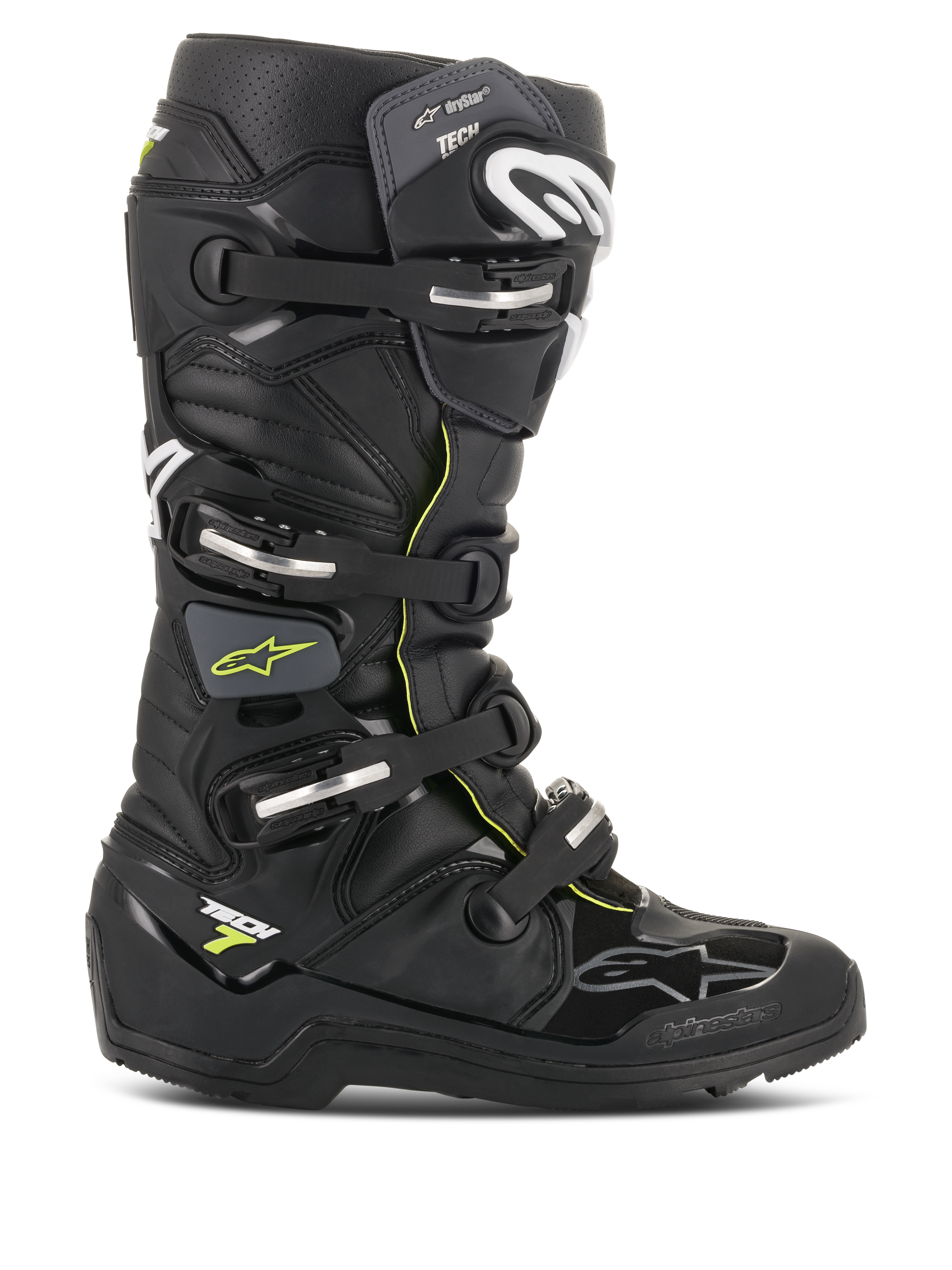 Alpinestars Tech 7 Enduro Drystar laarzen, zwart met fluorescerend gele accenten, waterdichte off-road motorlaarzen met vier zilveren gespen, robuuste zool met veel grip en beschermende TPU-constructie voor enduro
