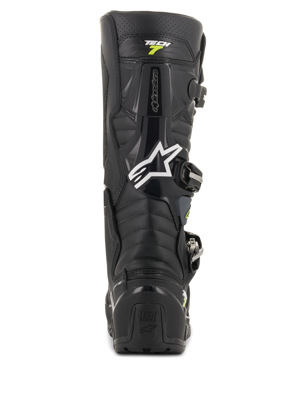 Alpinestars Tech 7 Enduro Drystar laarzen, zwart-grijze motorcrosslaarzen, achteraanzicht met het witte Alpinestars-logo en 'Tech 7'-branding, robuuste TPU-hielbescherming en versterkte constructie voor duurzaamheid off-road