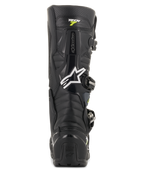 Alpinestars Tech 7 Enduro Drystar laarzen, zwart-grijze motorcrosslaarzen, achteraanzicht met het witte Alpinestars-logo en 'Tech 7'-branding, robuuste TPU-hielbescherming en versterkte constructie voor duurzaamheid off-road