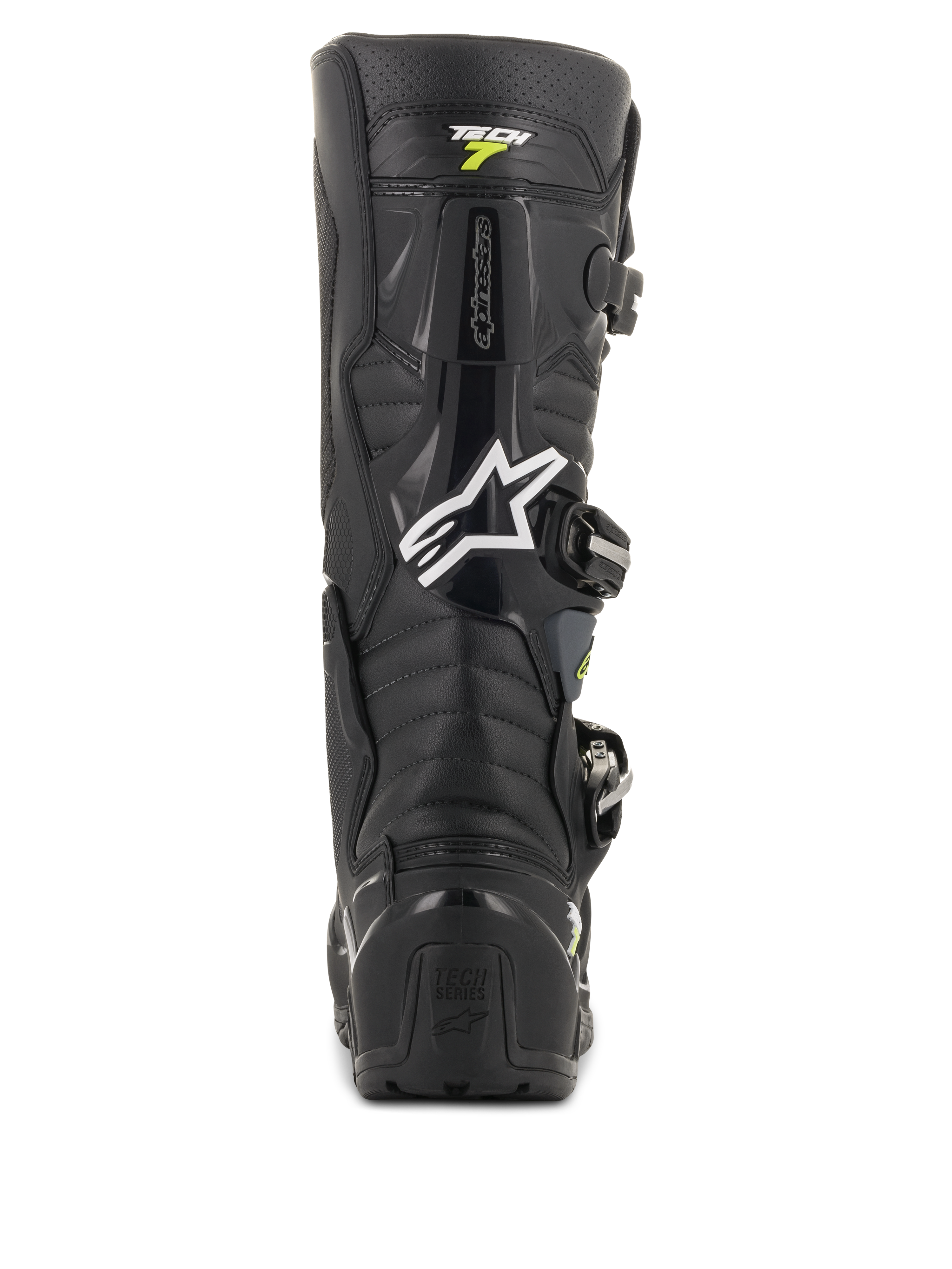 Alpinestars Tech 7 Enduro Drystar laarzen, zwart-grijze motorcrosslaarzen, achteraanzicht met het witte Alpinestars-logo en 'Tech 7'-branding, robuuste TPU-hielbescherming en versterkte constructie voor duurzaamheid off-road
