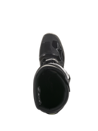 Alpinestars Tech 7 Enduro Drystar® laarzen, bovenaanzicht met zicht op de binnenvoering en gewatteerde enkelkraag, zwart en grijs technisch off-road schoeisel voorzien van een veilig gespsysteem