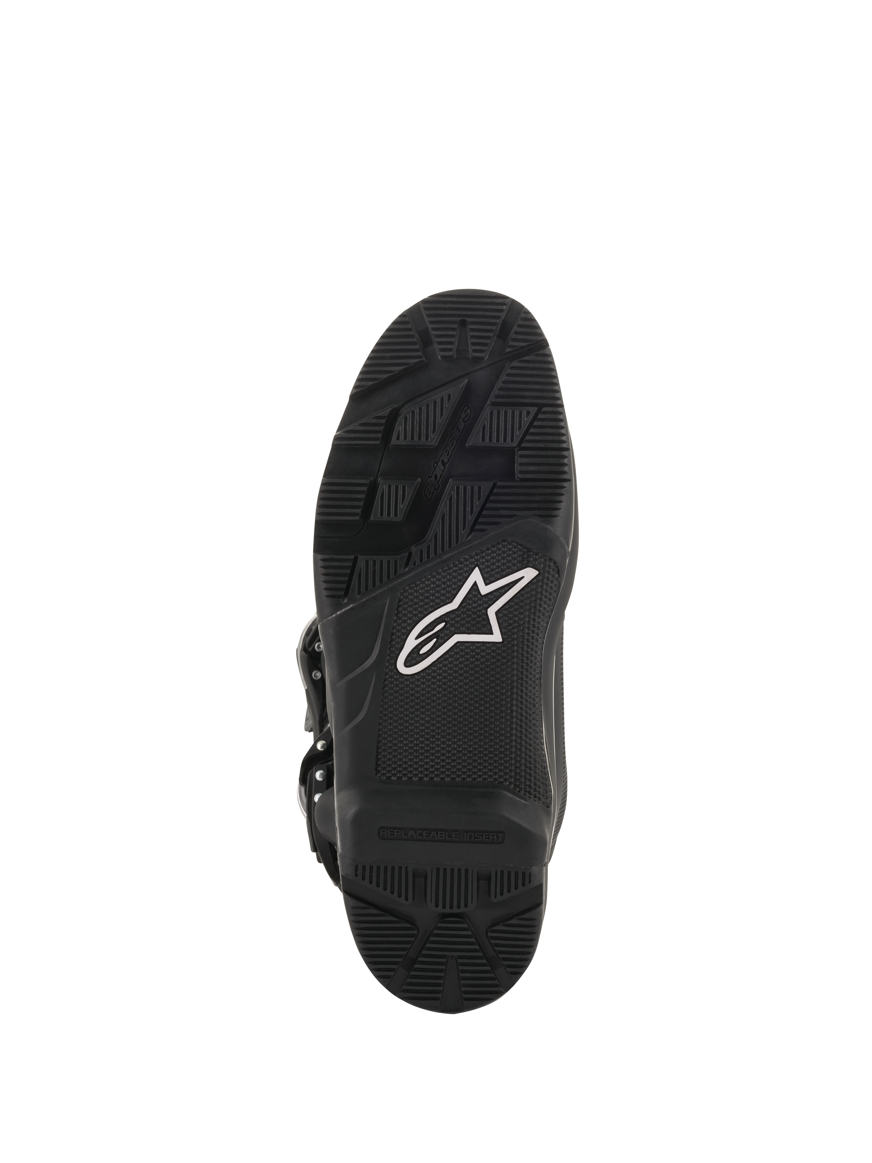 Alpinestars Tech 7 Enduro Drystar® laarzen, motorcross- en endurolaarzen, zoolaanzicht in het zwart, hooggrip rubberen samenstelling met wit sterlogo en vervangbaar inzetstuk voor duurzame off-road prestaties