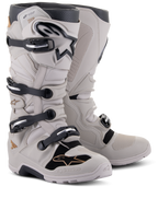 Alpinestars Tech 7 Enduro Drystar® Boots, Off-Road Enduro Boots, Gray Sand, featuring four black buckle closures, waterproof membrane, TPU shin plate, and rugged sole for motocross and enduro riding