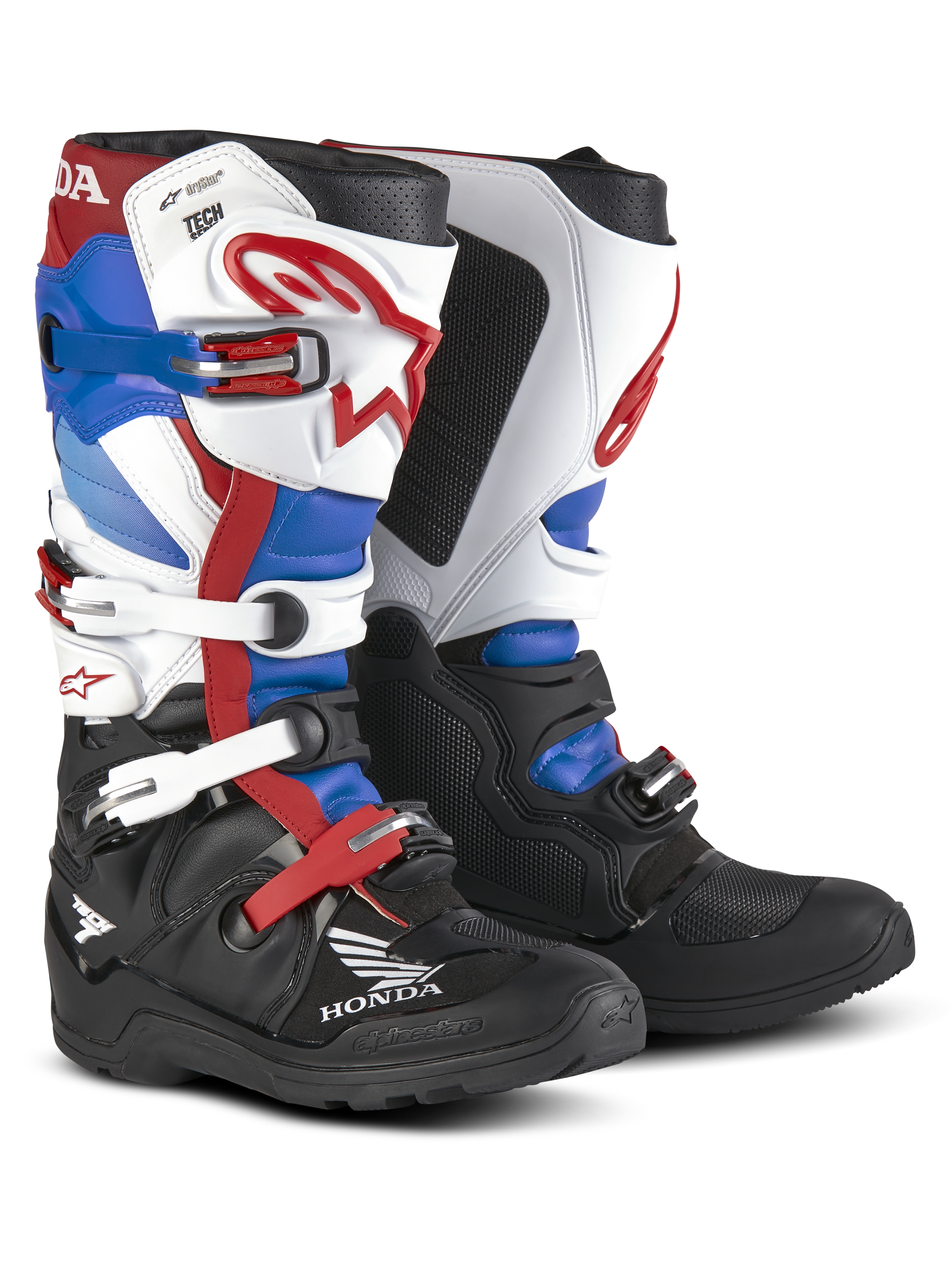 Alpinestars Honda Tech 7 Enduro Drystar laarzen, enduro motorlaarzen, rood blauw zwart en wit, meerdere verstelbare gespen, Honda-branding, robuuste bescherming, hoog ontwerp met enkelondersteuning