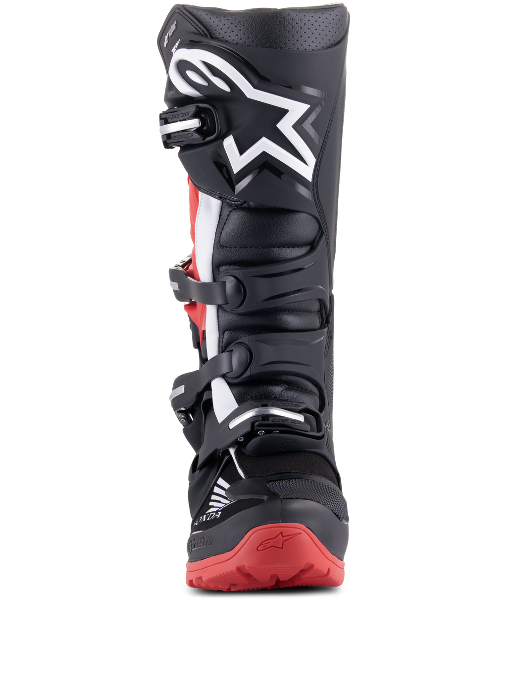 Alpinestars Honda Tech 7 Enduro Drystar laarzen, zwart en felrood, vooraanzicht met het meervoudige gespsluitingssysteem, groot wit sterlogo op het scheenbeen en rode zool met Honda-branding, waterdichte off-road motorlaarzen