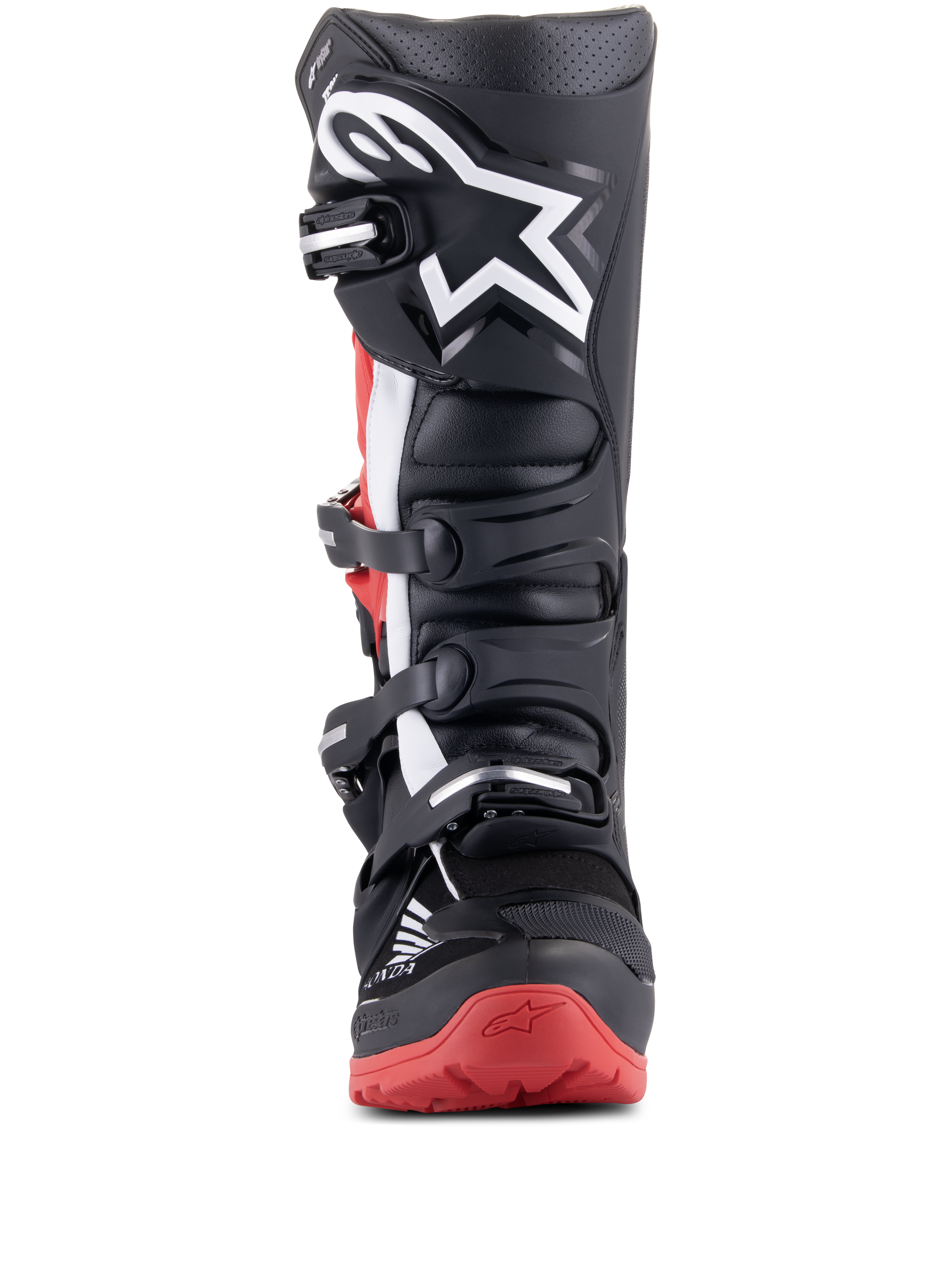 Alpinestars Honda Tech 7 Enduro Drystar laarzen, zwart en felrood, vooraanzicht met het meervoudige gespsluitingssysteem, groot wit sterlogo op het scheenbeen en rode zool met Honda-branding, waterdichte off-road motorlaarzen
