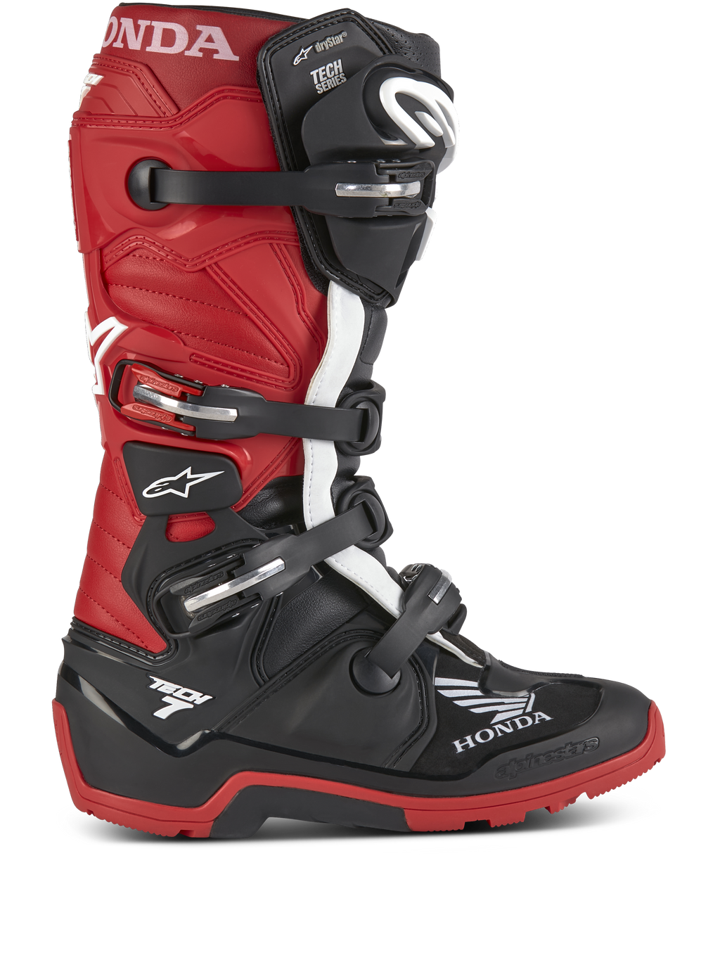 Honda Tech 7 Enduro Drystar® motorlaarzen, enduro-motorlaarzen, zwart en felrood met witte accenten, voorzien van meerdere verstelbare gespen, een robuuste zool voor off-road grip, waterdichte Drystar®-technologie en prominente Honda- en Tech 7-branding