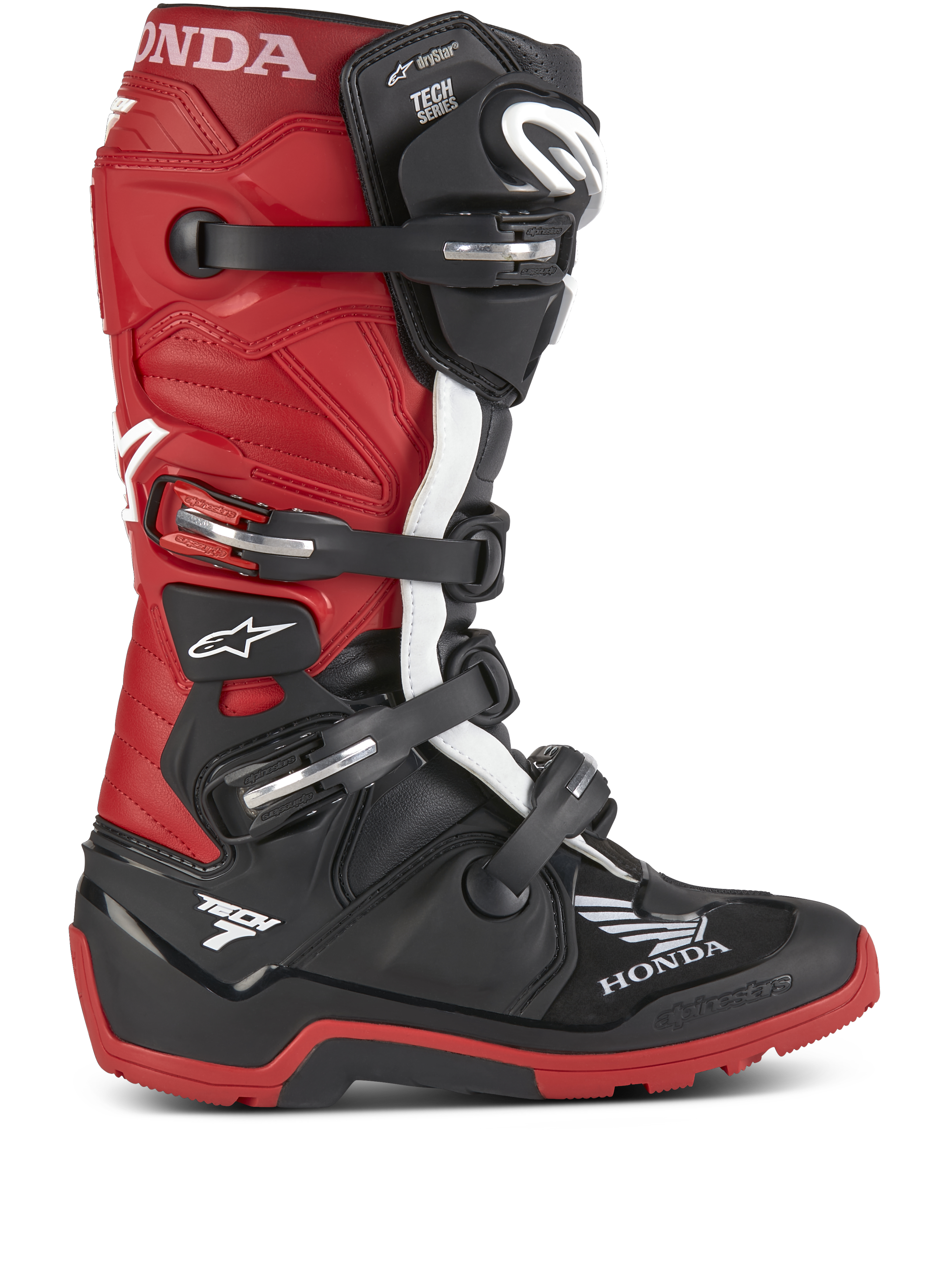 Honda Tech 7 Enduro Drystar® motorlaarzen, enduro-motorlaarzen, zwart en felrood met witte accenten, voorzien van meerdere verstelbare gespen, een robuuste zool voor off-road grip, waterdichte Drystar®-technologie en prominente Honda- en Tech 7-branding