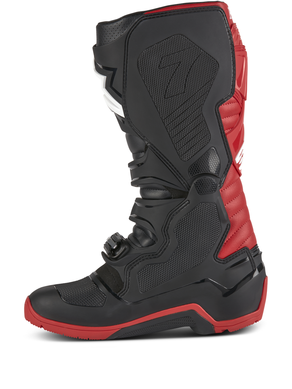 Alpinestars Honda Tech 7 Enduro Drystar® laarzen, motorcross- en endurolaarzen, zwart en felrood, zijaanzicht met robuuste gespen, TPU-beschermplaten en een rode versterkte zool