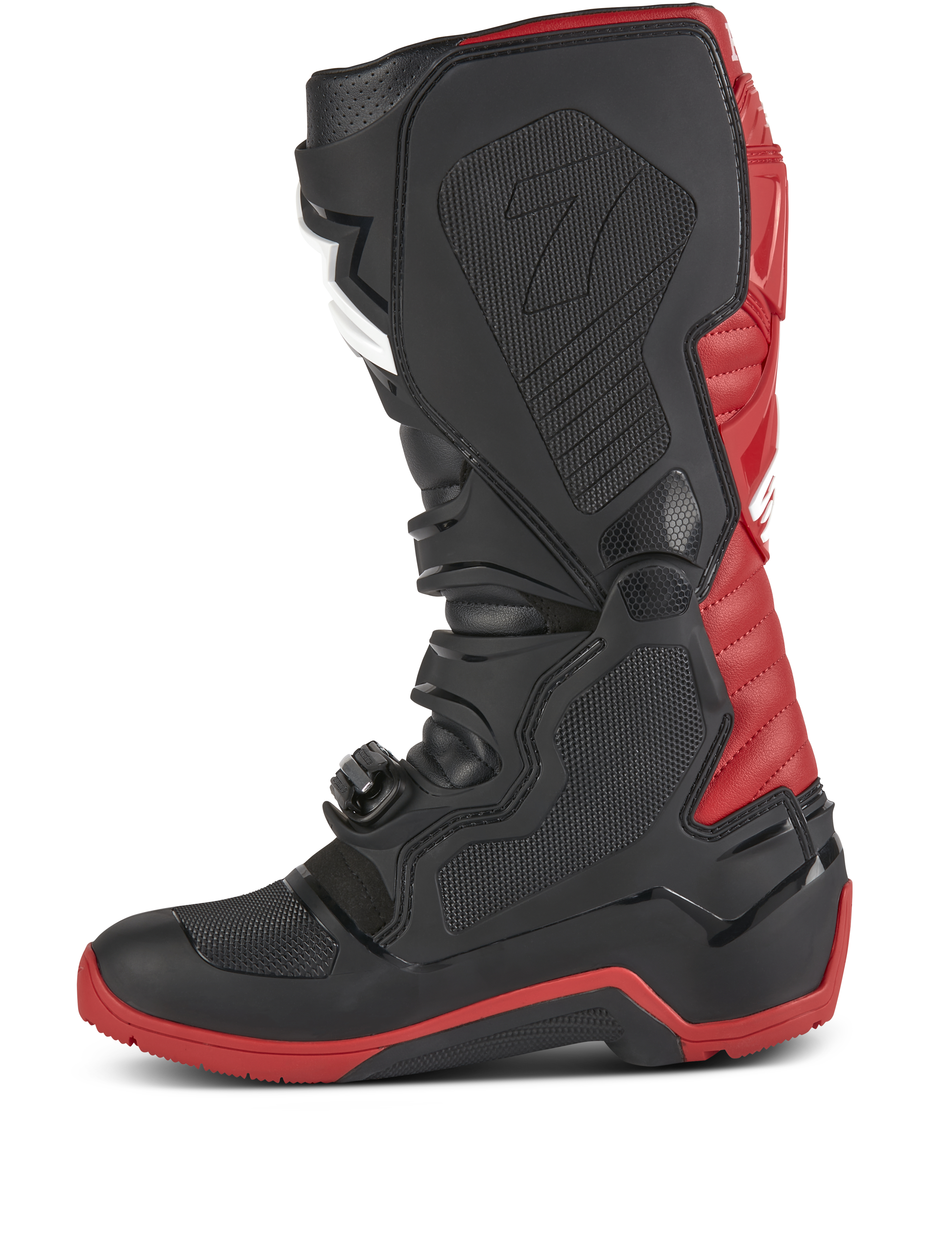 Alpinestars Honda Tech 7 Enduro Drystar® laarzen, motorcross- en endurolaarzen, zwart en felrood, zijaanzicht met robuuste gespen, TPU-beschermplaten en een rode versterkte zool