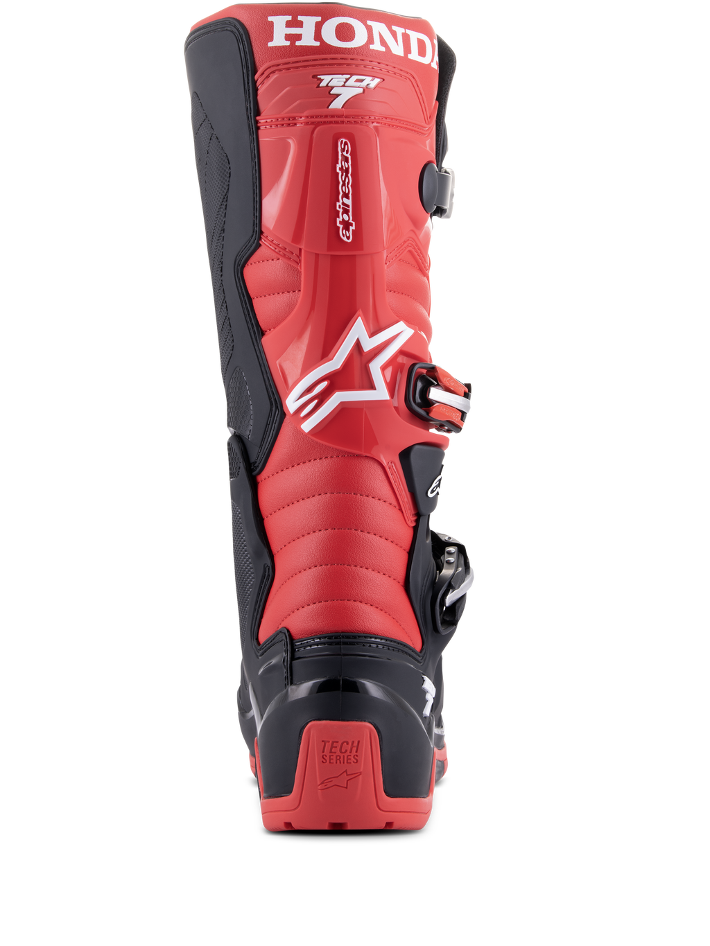 Alpinestars Honda Tech 7 Enduro Drystar® laarzen, zwart en felrood, achteraanzicht met opvallende HONDA-branding op de kuit, TPU-hielbeschermer met Tech Series-logo en een stevig gespsluitingssysteem