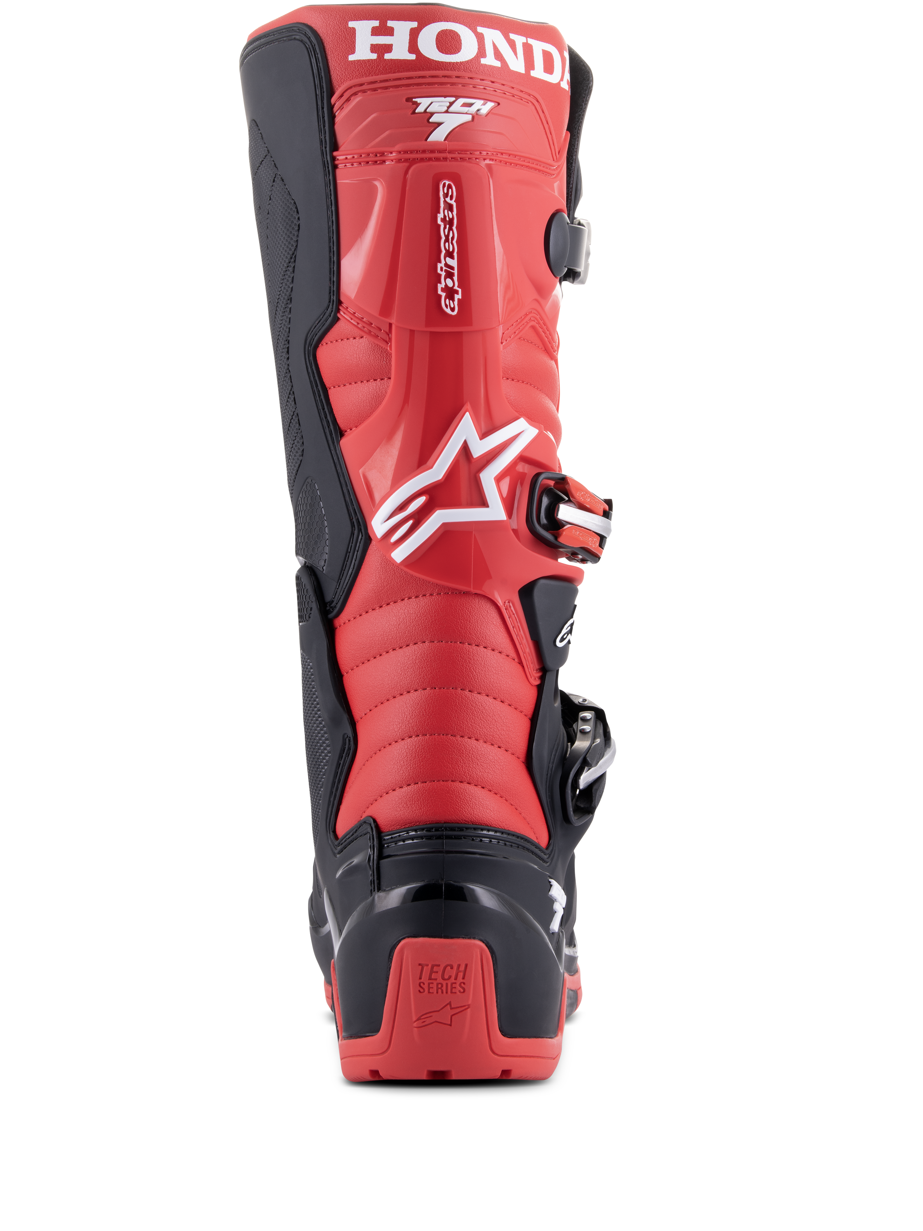 Alpinestars Honda Tech 7 Enduro Drystar® laarzen, zwart en felrood, achteraanzicht met opvallende HONDA-branding op de kuit, TPU-hielbeschermer met Tech Series-logo en een stevig gespsluitingssysteem