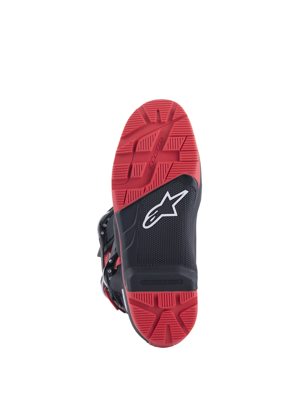 Honda Tech 7 Enduro Drystar® laarzen, zwart en helderrood, aanzicht van de zool met profiel voor veel grip en vervangbaar inzetstuk, rubberen constructie met dubbele dichtheid, wit Alpinestars-logo op een zwart paneel met textuur.